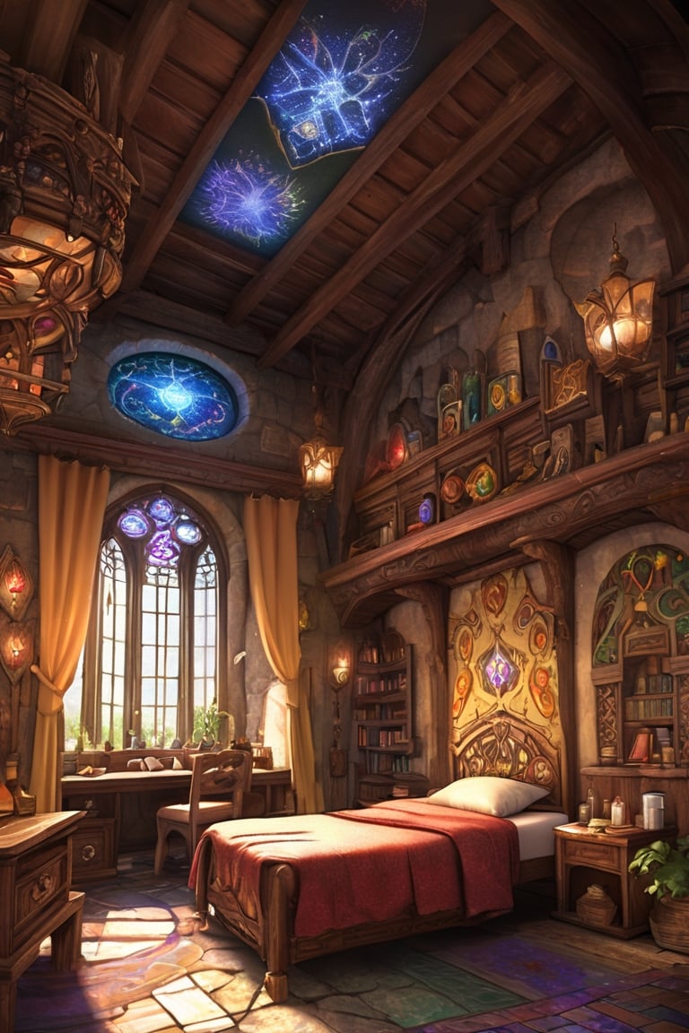 In a fantasy-style hospital room,  magic and practicality blend seamlessly. Intricate tapestries depicting mythical creatu...