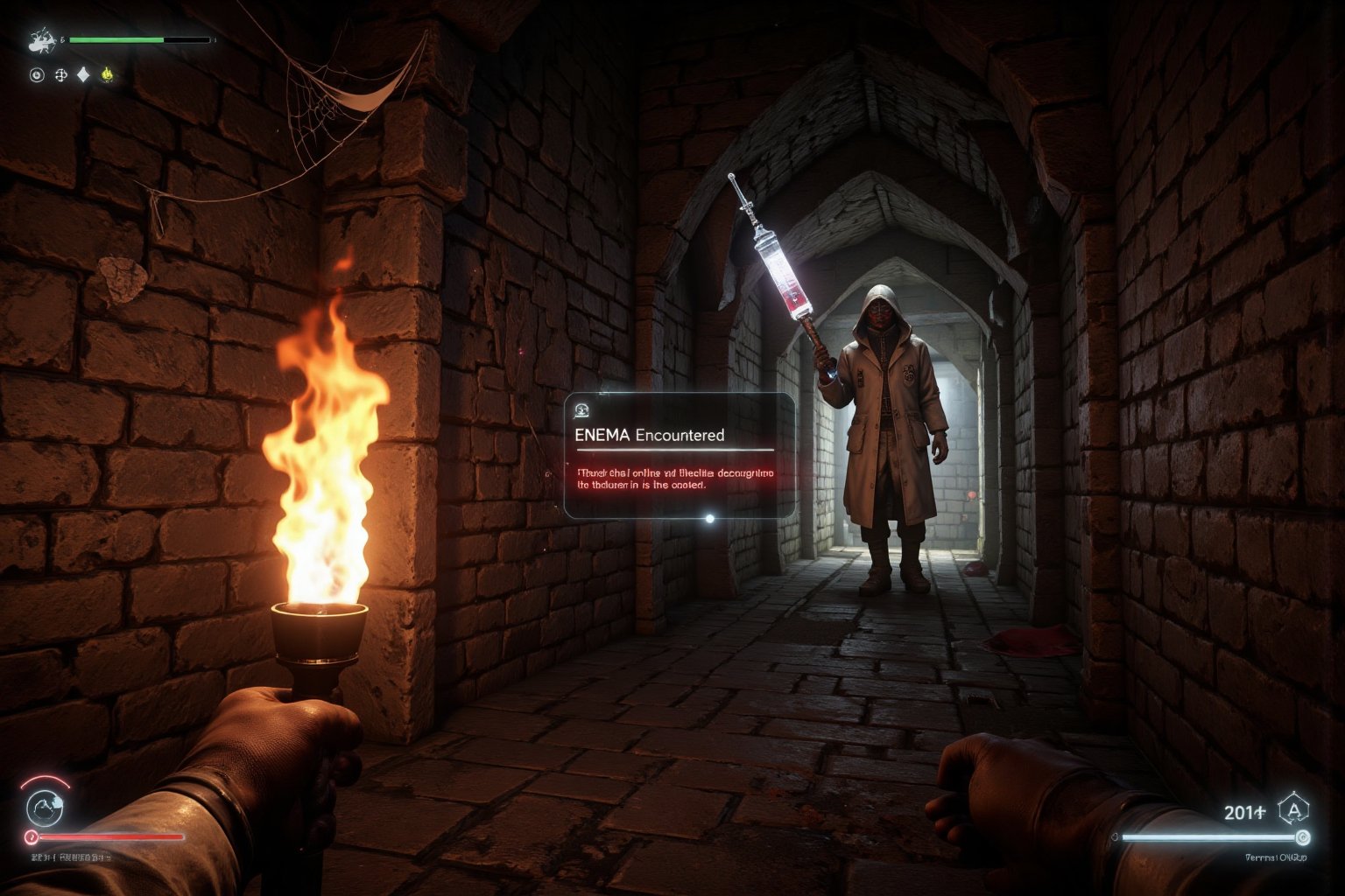 First-person perspective of a surreal FPS game interface. The player's hands are visible, holding a burning torch in his right hand, emitting a flickering orange light. His left hand is free and partially visible at the edge of the screen. Ahead is a stone dungeon corridor with a vaulted ceiling. There is a spider web in the corner. At the end of the corridor unexpectedly stands a doctor dressed in modern medical attire: white coat, surgical mask and gloves. The doctor is holding a large syringe, glowing in the light of the torch. This modern figure forms a sharp contrast with the medieval setting. UI elements: health bar along the edge of the screen, minimap, inventory slots. The light of the torch creates eerie shadows and reflections on the doctor's lab coat and syringe. Surreal graphics with detailed textures of stone walls and medical equipment. The atmosphere is a strange mix of fantasy dungeons and modern medical scenarios. The depth of field effect slightly blurs distant elements,A floating semi-transparent text box with the message text in the text box: "ENEMA Encountered",textbox