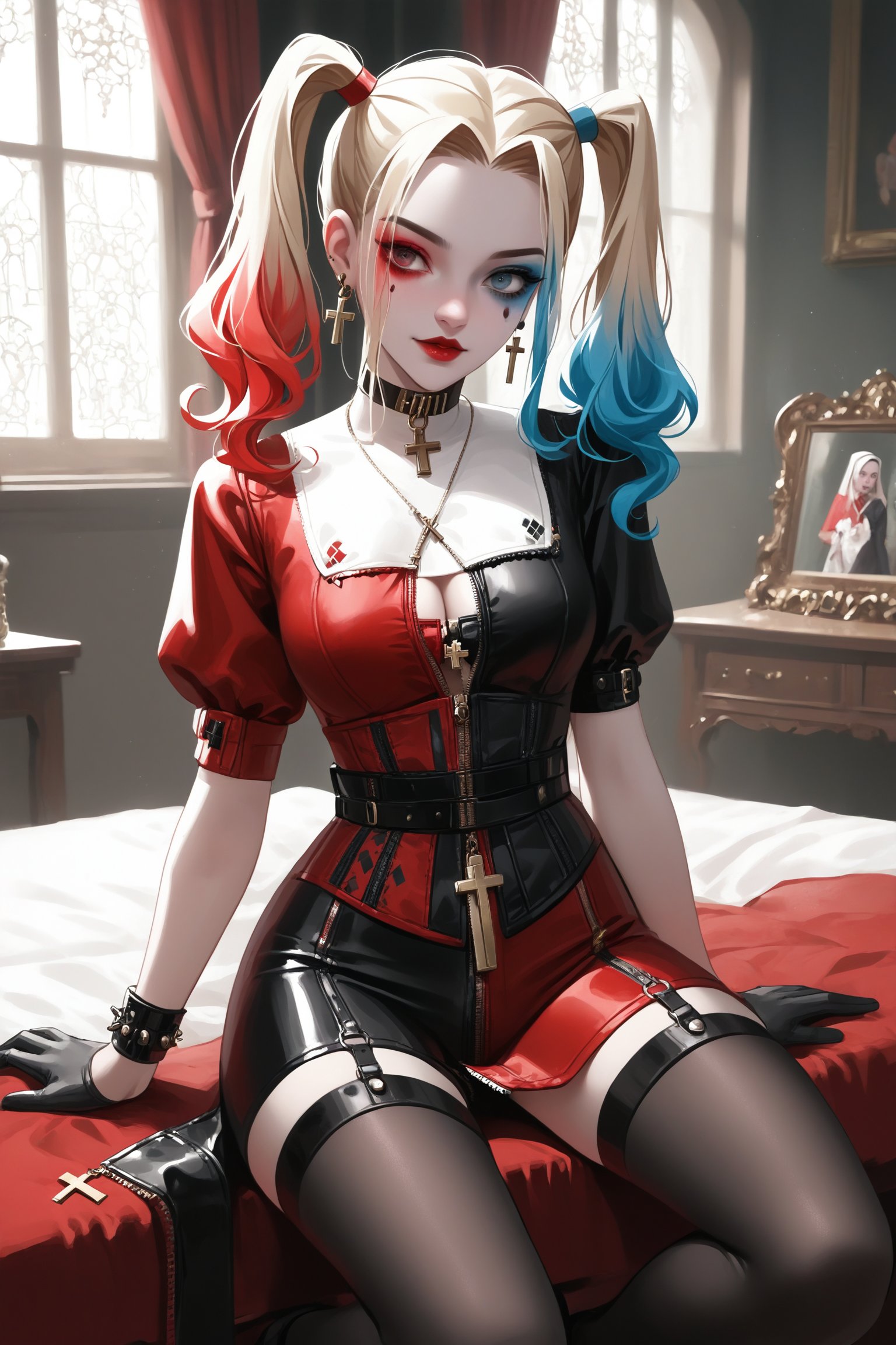 1Girl,Harley Quinn,Nordic girl,Gothic make-up, high ponytail, septum earrings,
 wearing a tight-fitting scarabrio reimagined as a kimono-style garment,The outfit features elaborate baroque patterns in gold and red on a black base,Ornate swirls, cherubs, and acanthus leaves adorn the fabric,The skirt is short and form-fitting. blonde pigtails,makeup is dramatic,pale skin, red lips, in a luxurious baroque-style room with gilded mirrors and velvet, curtains,score_9,score_8_up,score_7_up,lace,hair ornament,see-through,cleavage,ruanyi0623,choker,nun,dress,nunl0l,black gloves,jewelry,corset,LAassunity,pantyhose,garter strap,black footwear,zipper,ruanyi0575,bdsm,inverted cross