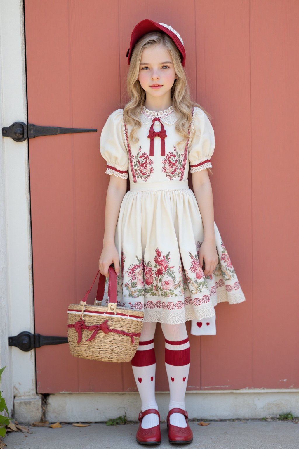 Sweet Lolita coordinate with Nordic/folk art influence. Young girl wearing cream and wine-red Lolita dress with detailed folk embroidery patterns. Dress features puff sleeves, lace-trimmed bodice, and full circle skirt with decorative apron panel. Intricate details include:

Main dress elements:
- Cream base color with wine-red ribbon and bow accents
- Embroidered folk art flowers and patterns in burgundy
- White lace trim on hemline, sleeves, and apron
- Puff sleeves with elastic gathering
- Full circle skirt with petticoat underneath
- Decorative apron panel with heart and floral motifs
- Matching bonnet with lace trim and ribbons

Accessories:
- Matching basket bag with ribbon and floral decorations
- Over-knee stockings with folk pattern print in red
- Red and cream Mary Jane shoes with bow details
- Silver-blonde wavy hair styled with slight curls
- Natural makeup with rosy lips and cheeks

Background:
- Standing against coral pink wooden door
- White painted door frame
- Rustic Nordic aesthetic

Professional Lolita fashion photography with soft natural lighting enhancing the vintage, storybook quality. High detail on fabric textures, embroidery, and lace elements. Nordic/folk art influence visible in pattern choices and color scheme.,ct-vlaoba,aidmafemalecosplay