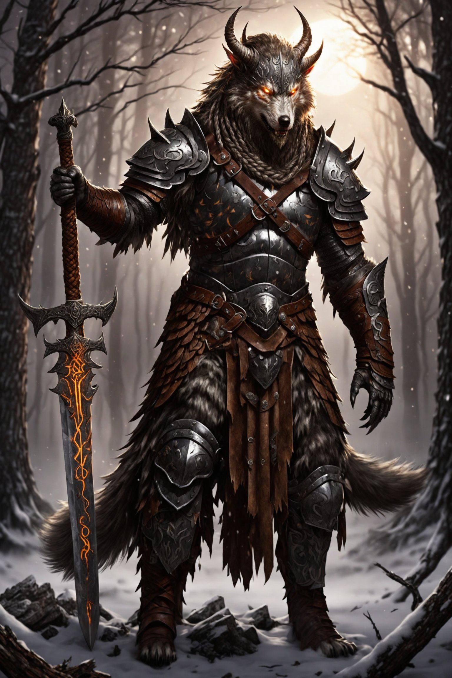 Werewolf warrior in Viking attire,wolf face, massive greatsword resting on shoulder, fur-trimmed leather armor, Norse runes on blade, standing amidst ancient pine forest, misty atmosphere, moonlight filtering through branches, glowing amber eyes, wolf-like features, battle-scarred, muscular physique, braided beard, iron helmet with horns, snow-covered ground, distant howling, photorealistic style, dramatic lighting,LegendDarkFantasy,kawaii knight,cyborg,royal knight,werewolf,IzutsumiPXL,GaelicPatternStyle