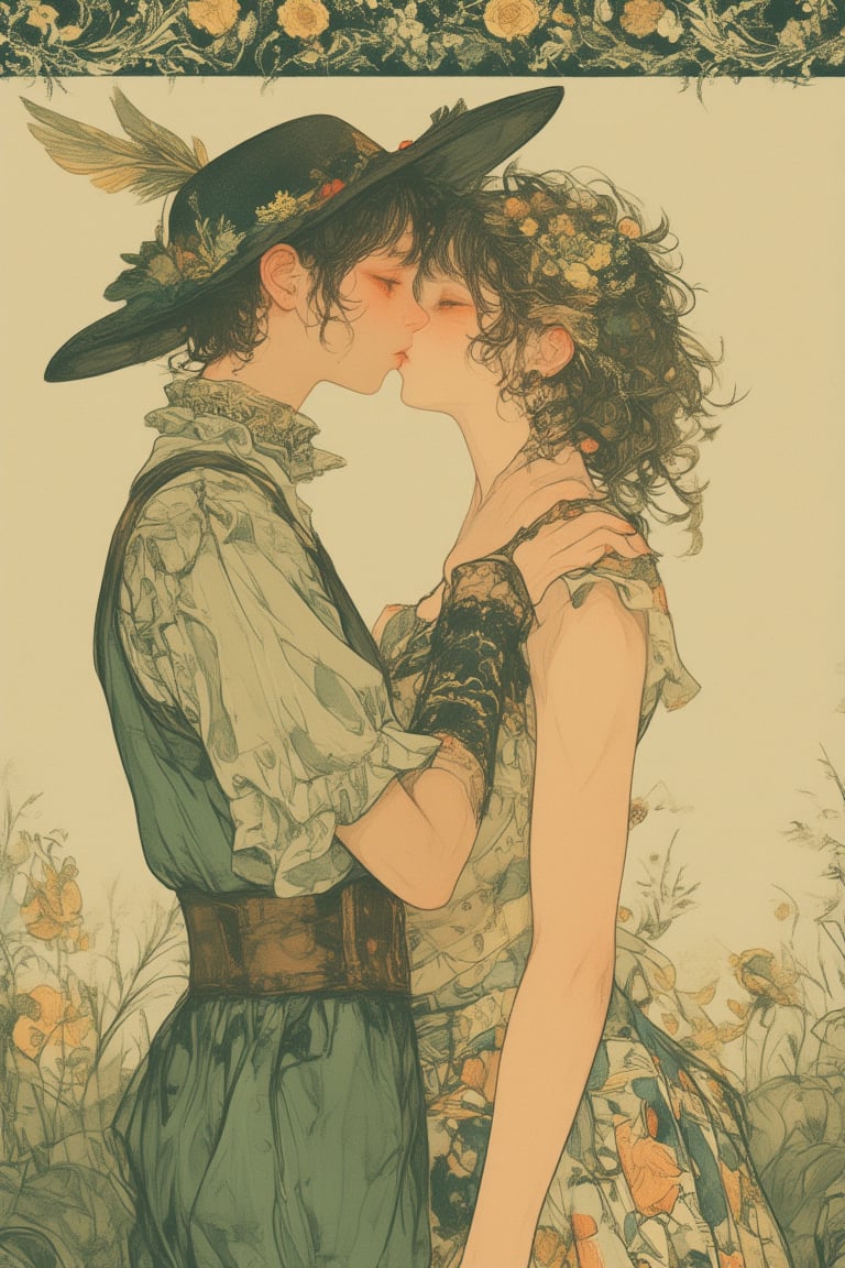 Folklore-style illustration of a couple kissing in warm muted tones,  Two characters in medieval or fantasy attire embraci...