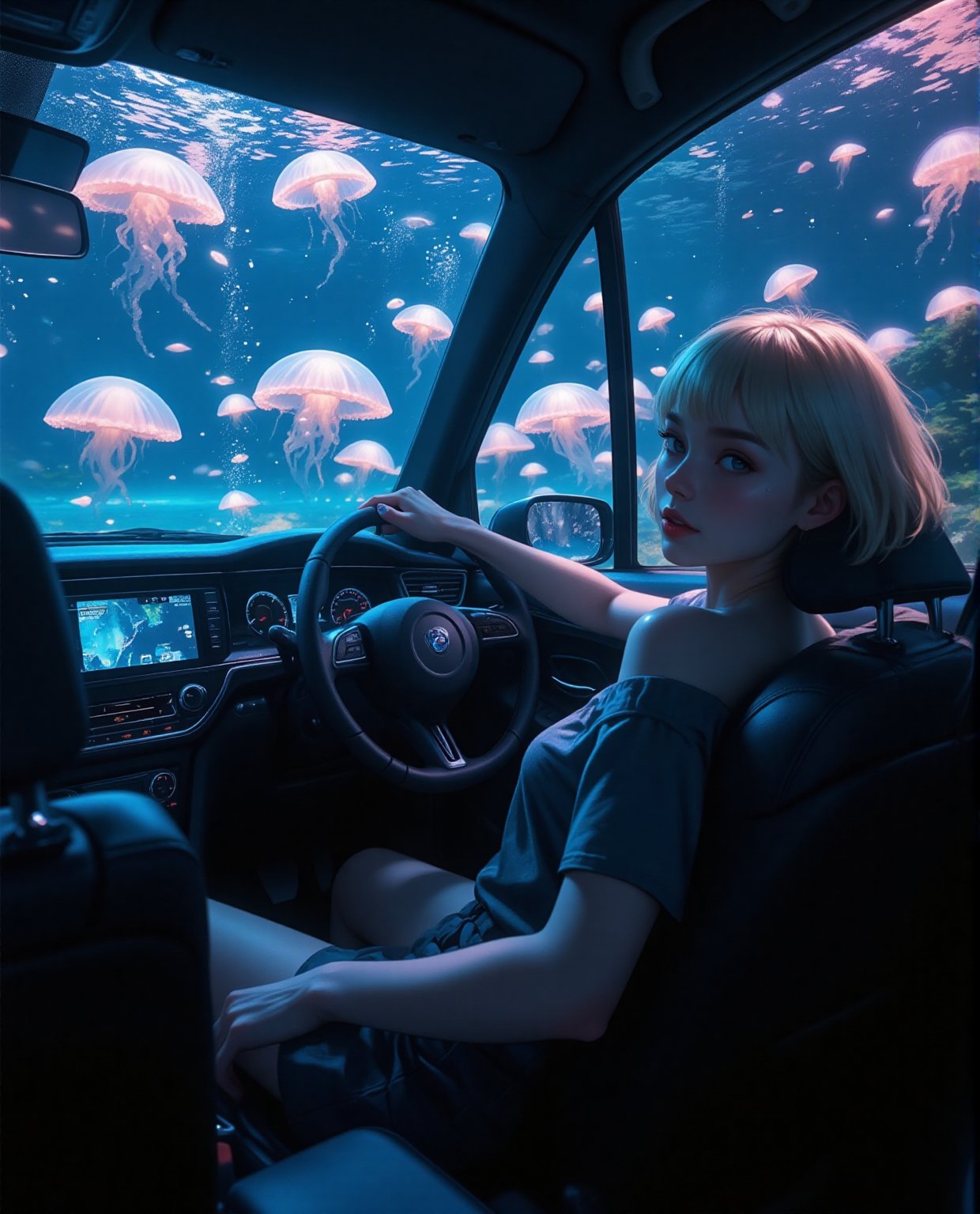 A stylish blonde woman,  in driver's seat turning backwards with one hand on steering wheel,  wearing dark casual top agai...
