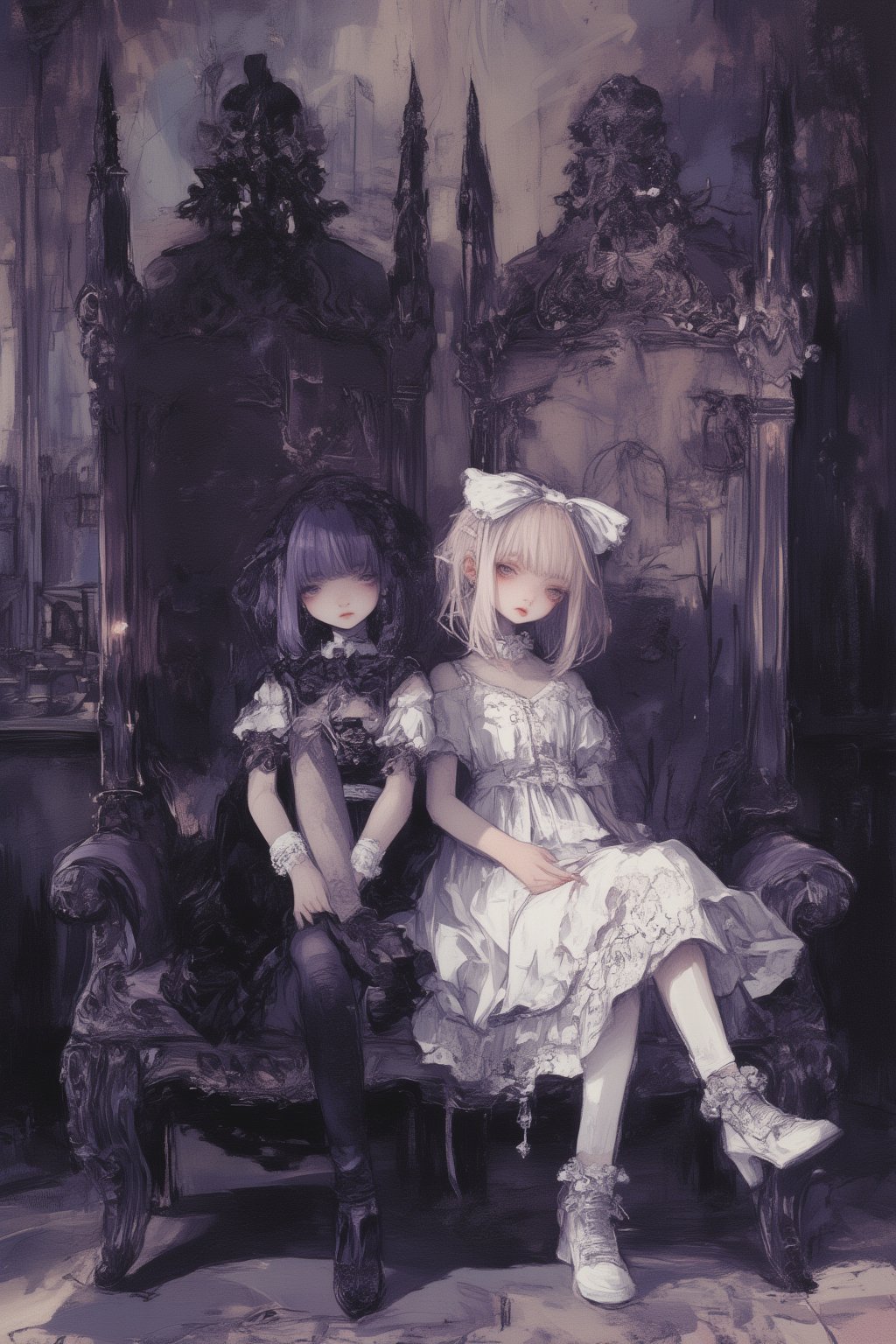 Gothic twin girls, ornate high-back chairs, decadent background, ethereal lighting, anime style, detailed illustration, 8k resolution, gothic lolita fashion, contrasting personalities, left girl: short purple hair, serious expression, black and white dress, crossed legs, right girl: blonde bob hair, white ribbon, cheerful smile, pure white lacy dress, relaxed pose, both with large eyes, delicate features, petite build, intricate chair designs with spire-like backrests and filigree patterns, dramatic light and shadow, dark mysterious atmosphere, decolatte,Manga  Yakuza Kamui X Georgia O'Keeffe,dal,ct-identityV2,watercolor \(medium\),kyute_doll,Nicoletta Ceccoli X Daria Petrilli art