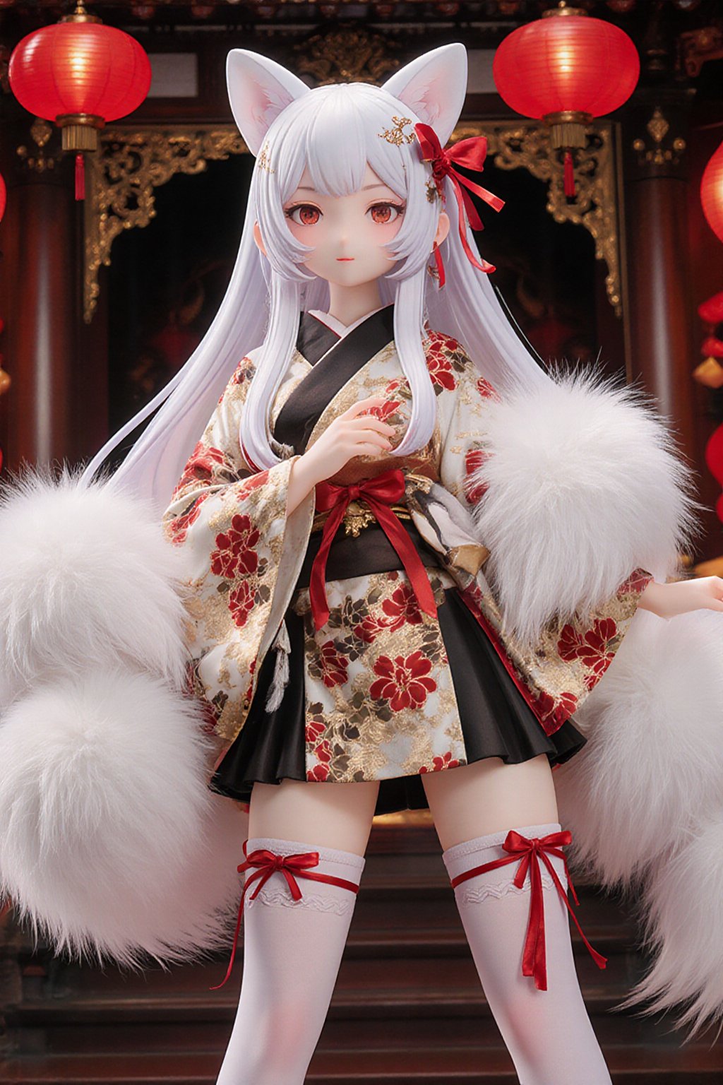 cute anime doll,  detailed figure,  fox girl with nine large fluffy white tails by maehara on Tensor.Art