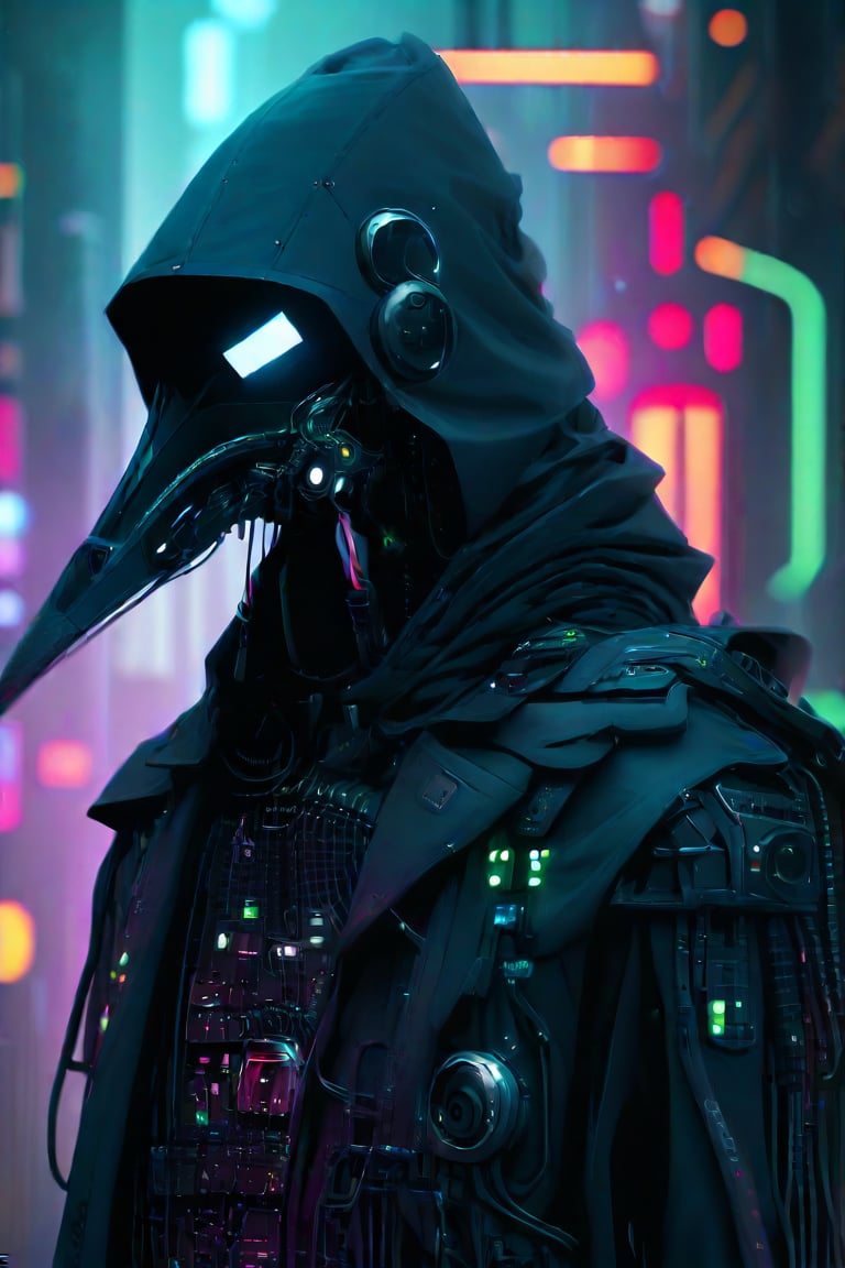 Cyberpunk plague doctor cyborg,  futuristic reinterpretation,  long beaked mask with glowing LED eyes by maehara on Tensor...