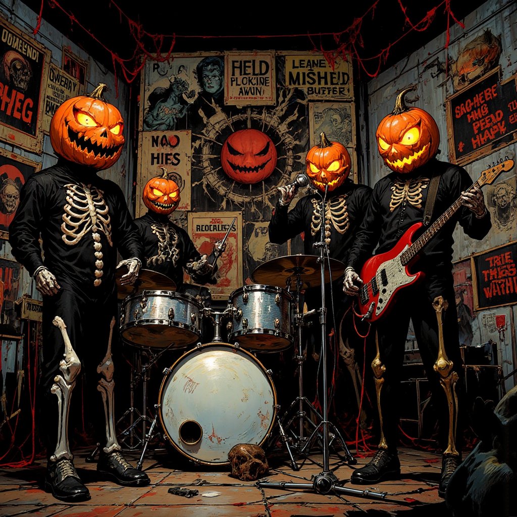 A dark horror-themed illustration of a four-piece band performing,
The musicians wear black bodysuits with a white skeleton print. The members' heads are replaced with carved jack-o'-lantern pumpkins that glow eerily from the inside,
The drummer is playing hard on a silver drum kit on a raised platform,
The guitarist plays an electric guitar and the bassist plays a vintage bass. The lead singer in the center leans on a microphone stand,
In the background, vintage horror movie posters are pasted on top of each other in a chaotic collage. The posters feature classic monsters, screaming faces and bold typography,
The messy posters,
Low-angle view, captures an intense performance in a dynamic pose,
The orange glow of the pumpkins contrasts with the dark shadows and muted poster colors. Occasional red accents are used for emphasis,
A grunge-esque textured art style with sharp, inky lines and rough shading. Halloween themed details: bats, spider webs in the corners, ,aidmaabdhr,