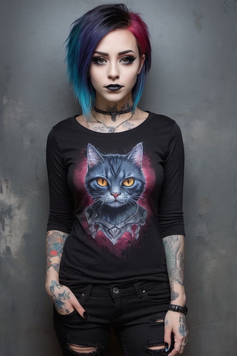 ultra Realistic, 
night club background,
(Emo fashion Girl), girl,
Gothic style make up,multi color hair,mouth Pierce,
eyelash extension,distressed sleeve tight shirt, Face paint cat whisker,
Lot Tattoos,skin tight jeans,draven SLIP-ons,

aesthetic portrait