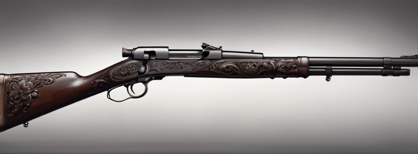  meticulously crafted Winchester rifle made of ebony wood, exuding elegance and beauty. Envision the rifle's sleek silhouette, crafted from rich black ebony wood, polished to a lustrous sheen that reflects the surrounding light, Describe intricate floral motifs adorning the rifle's barrel, delicately carved into the ebony surface with meticulous precision,Picture the flowers blooming in intricate detail,Capture the juxtaposition of the rifle's rugged functionality with the delicate beauty of the floral carvings, ,mystical future