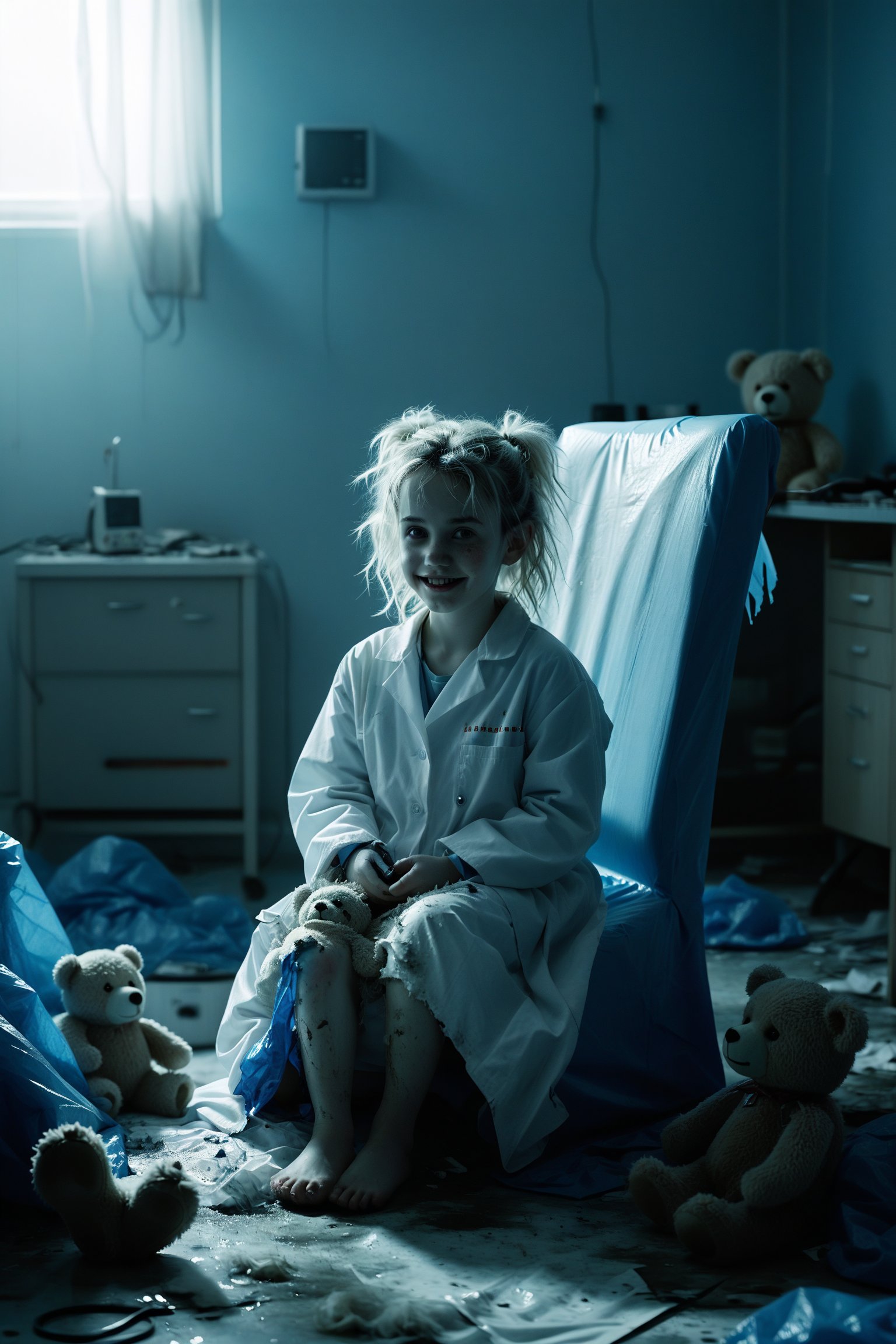 1 girl,Empty room, entirely covered in blue tarpaulin, clinical atmosphere, single chair in center. Young girl in white lab coat sitting, unsettling wide smile, pale skin, messy hair. Broken teddy bear at her feet, stuffing spilling out. Harsh fluorescent lighting casting eerie shadows. Minimalist composition, hyper-realistic details, psychological horror undertones. Contrasting innocence and unease, sterile environment with disturbing elements, cinematic framing