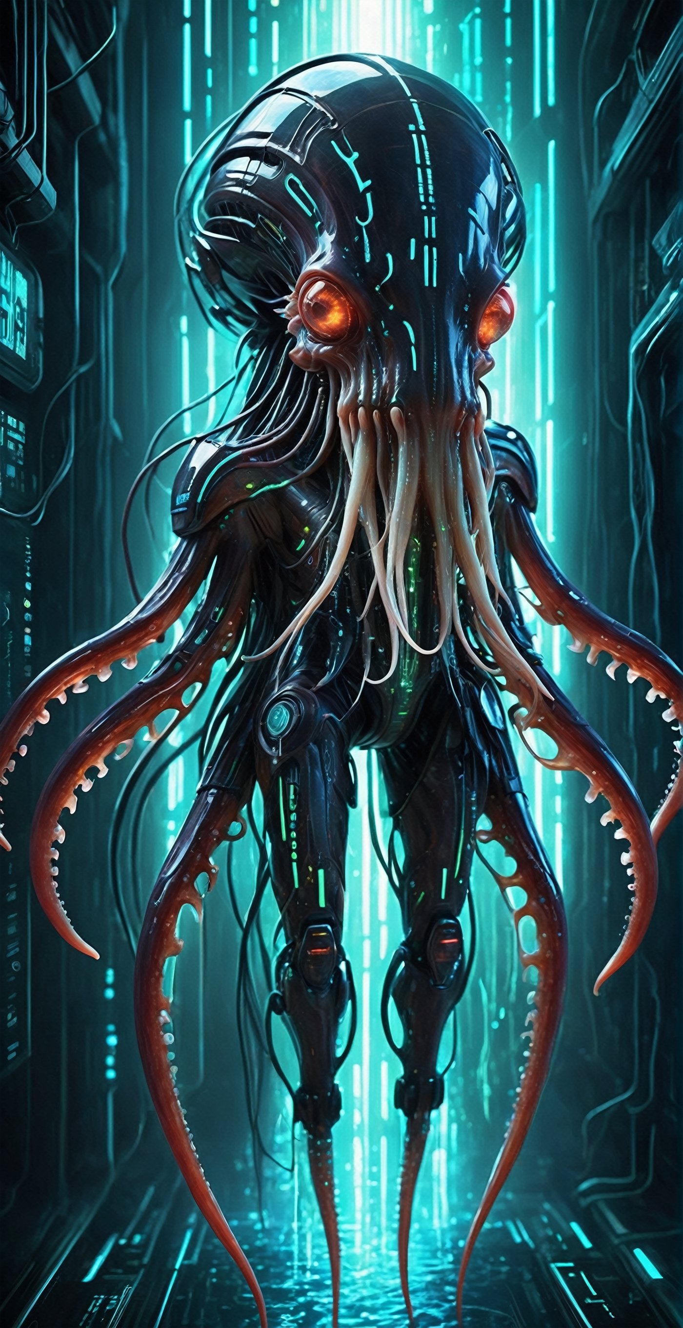Cybernetic (giant squid),  a towering cephalopod enhanced with cybernetic implants and futuristic technology,  massive bod...