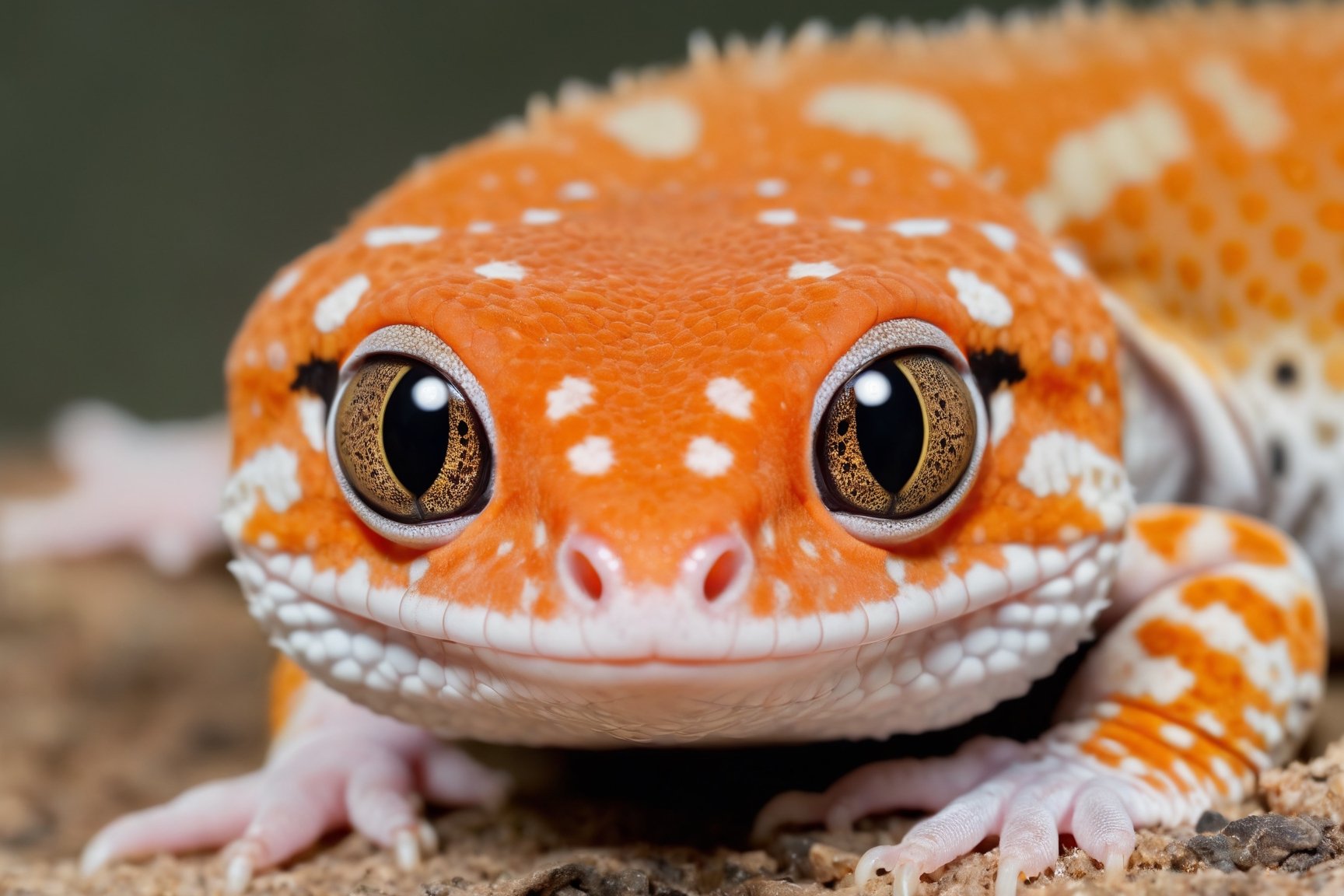 super realistic photos Macro shot,cute Leopard gecko, very realistic and detailed gecko eyes, orange and white body color