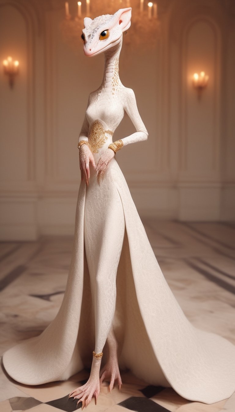 anthropomorphic representation of an albino female leopard gecko, elegantly adorned in a luxurious white fur coat, Envision her with features reminiscent of a gecko, dressed in opulent attire that complements her albino coloring. Picture her exuding a sense of sophistication and regality, blending the charm of a leopard gecko with the allure of high-end fashion,
,WEARING HAUTE_COUTURE DESIGNER DRESS