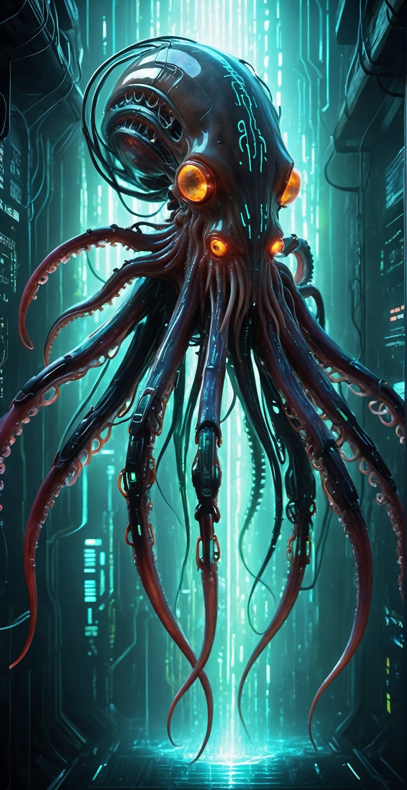 Cybernetic (giant squid),  a towering cephalopod enhanced with cybernetic implants and futuristic technology,  massive bod...