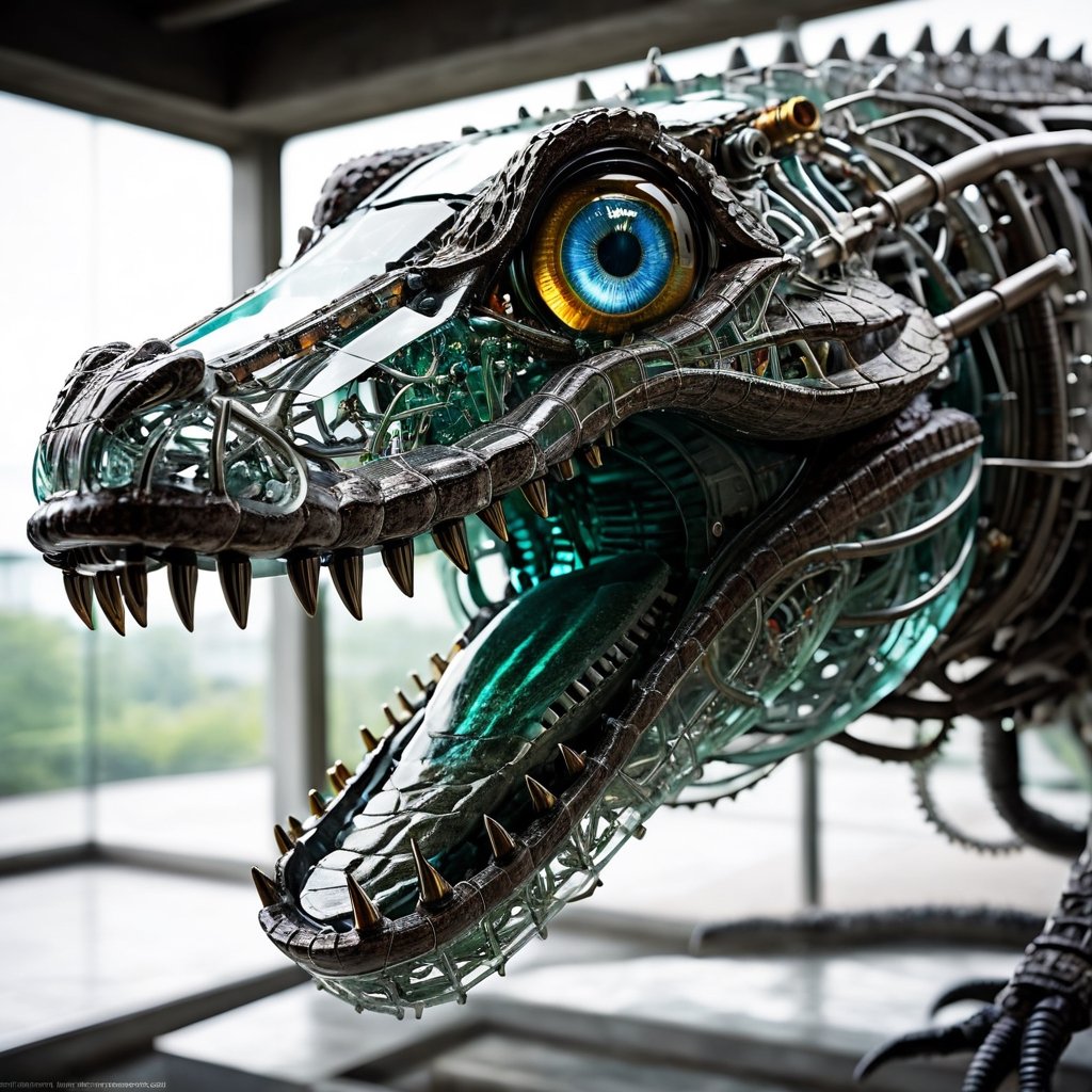 A giant alligator made of glass and mechanical parts is a stunning fusion of natural elegance and industrial precision. Transparent glass reveals the intricate inner workings while evoking both ancient and futuristic elements. Its eyes reflect light, and gears and metal components are visible within its mouth. This creature appears as though it's from the future yet remains a part of nature.