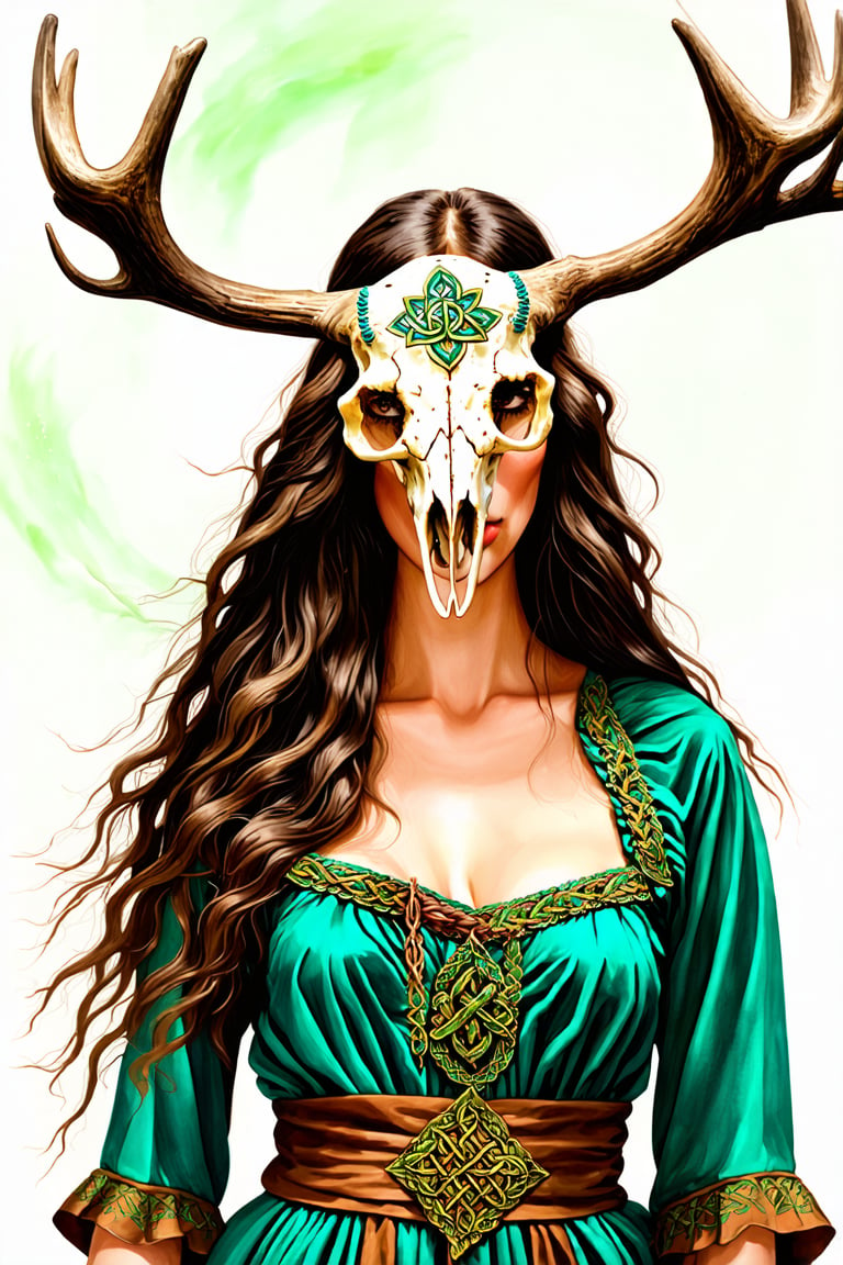 A shaman girl, with a large moose skull on her face, The strange decoration of dead branches, the mysterious and brightly colored Celtic shaman costume, and the girl is surrounded by a mysterious aura.,extremely detailed,watercolor \(medium\)