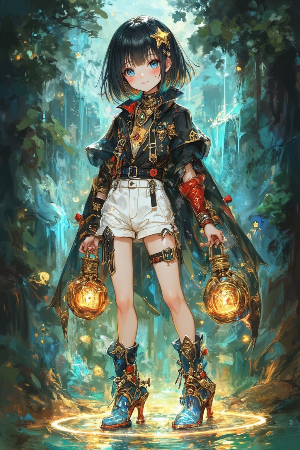 1girl,Anime-style illustration of a cheerful young alchemist girl, short black hair with ahoge, blue eyes and a bright smile. Tribal face paint: delicate white swirls around eyes and cheeks. Outfit: white shorts, black and gold jacket, red arm wraps, magical items floating around: glowing potion bottles, small creatures, Accessories: star-shaped hair clip, unique high-heeled boots (blue, gold, red), Pose: facing the viewer, Color palette: black, white, gold, red, blue accents. Style: clean lines, vibrant colors, details. Background: beautiful waterfall pool. lush greenery, sparkling water, misty air. Lighting: soft, magical light emanates from both the character and the waterfall. Mood: fun, mysterious, adventurous. Key details: smoke coming from the potion, floating stars, intricate design on the clothing. Overall: a charming blend of magic, science and nature in an energetic character design. ,dal,Fantasy Girl,dal,fantasy girl,Flat Anime Niji Style