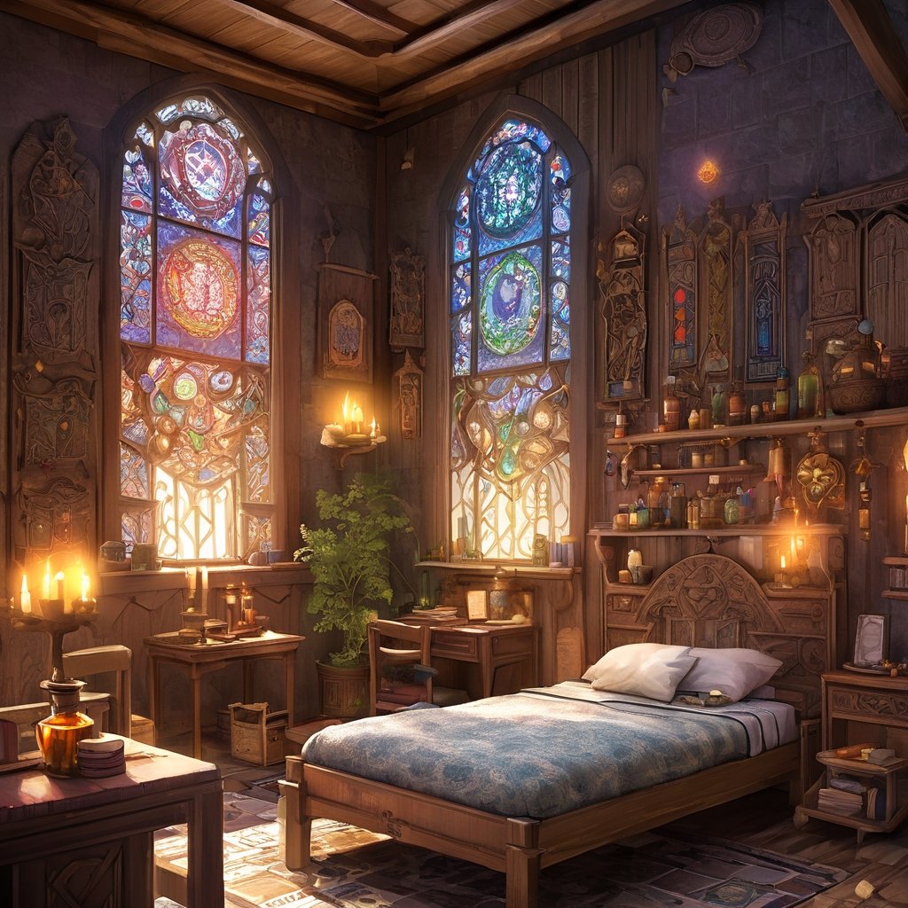 In a fantasy-style hospital room,  magic and practicality blend seamlessly. Intricate tapestries depicting mythical creatu...