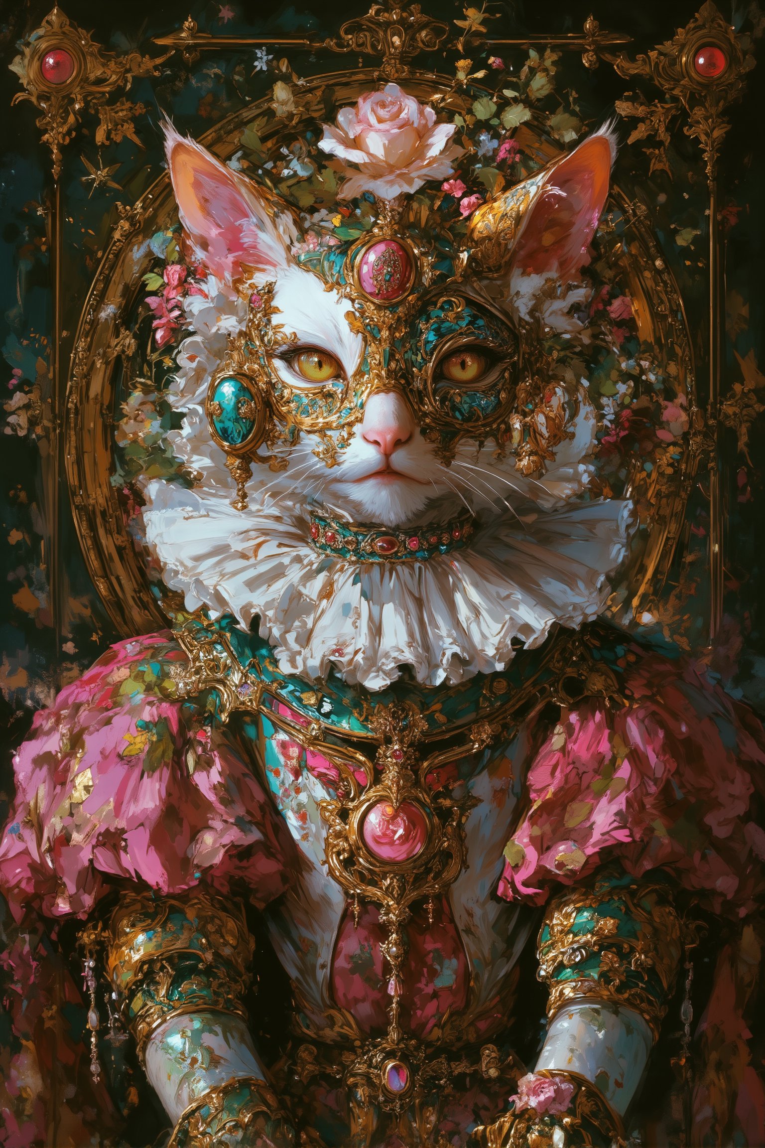 Hyper-realistic portrait of a regal cat in elaborate Gothic-Renaissance style attire, set against an ornate floral background,

Cat features:
- White fur with subtle tan markings on ears,
- Piercing green eyes, one partially covered by a mask,
- Pink nose and whiskers,

Headpiece:
- Intricate golden mask covering right eye, adorned with emerald and ruby gems,
- Ornate crown with pearls, golden leaves, and jewels,
- Large pink rose centerpiece,

Neck attire:
- Oversized white ruffled collar (Elizabethan style),
- Multiple strands of pearl necklaces,
- Golden pendant with floral design,

Clothing:
- Rich pink and green Renaissance-style gown,
- Lace and golden embroidery details,

Background:
- Lush, dark floral pattern with swirling designs,
- Predominantly green and pink hues, matching the cat's attire,
- Intricate, painterly style reminiscent of baroque textiles,

Overall mood: Opulent, whimsical, and slightly surreal, blending feline grace with historical fashion in a richly detailed composition.,lyh_niji,Surreal art,furry