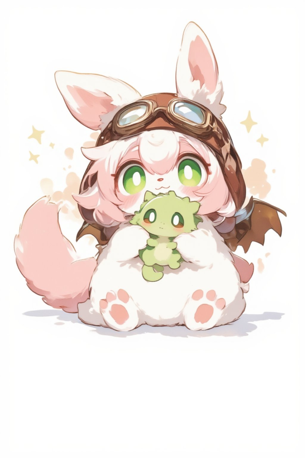 Cute, fluffy fantasy creature, anime style, watercolor illustration. White and pink fur, rabbit-like ears, big green eyes. Wearing brown aviator cap with goggles. Small wings on back. Holding a tiny green dragon toy. Chubby body with paw-like feet. Expressive face showing slight concern. Soft, pastel color palette. White background with minimal shading. Charming and whimsical character design.,Kemonomimi,furry,moe