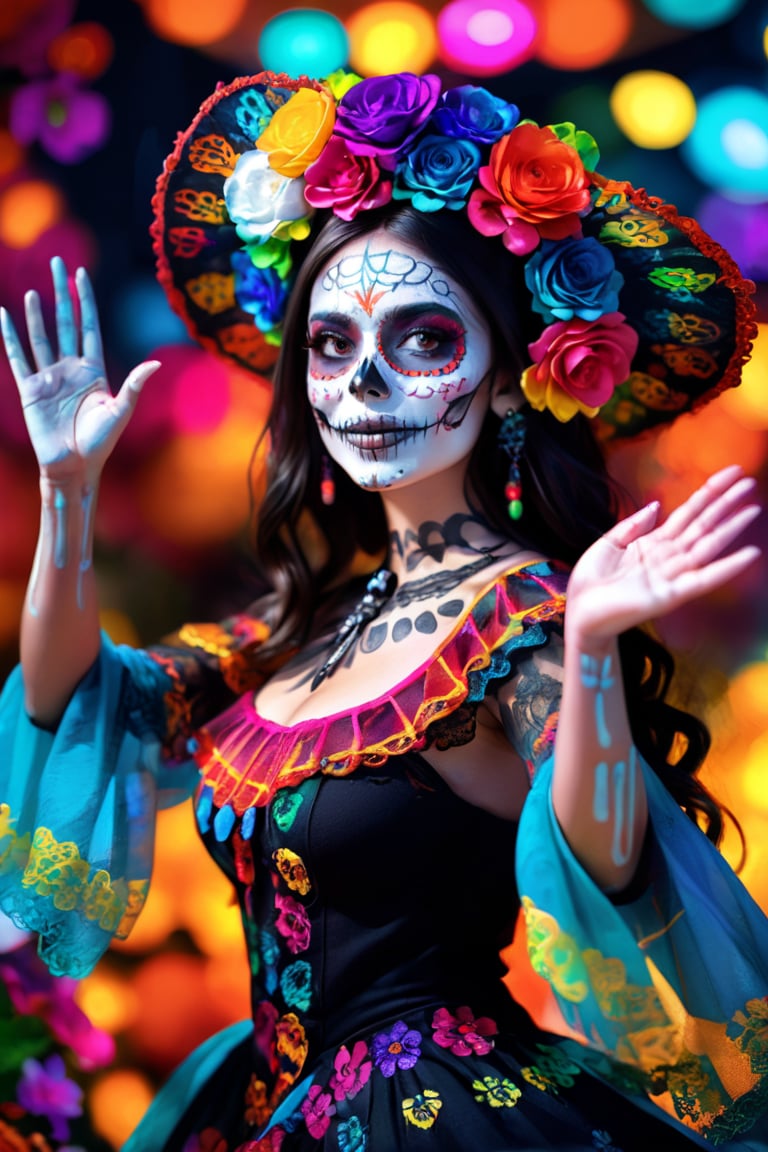 Young beautiful girl, with vibrant glowing Catrina makeup,Radiant smile, inviting to dance. Neon colors in intricate skull design. Flowing dark hair with flowers. Traditional Mexican-inspired dress. Outstretched hand, dynamic pose. Blurred festive background. Dramatic lighting emphasizing glowing makeup. High-contrast, vivid colors. Photorealistic style with fantasy touch.",sagawa,Details,ktrmkp,dal-1,ktrmkp face paint