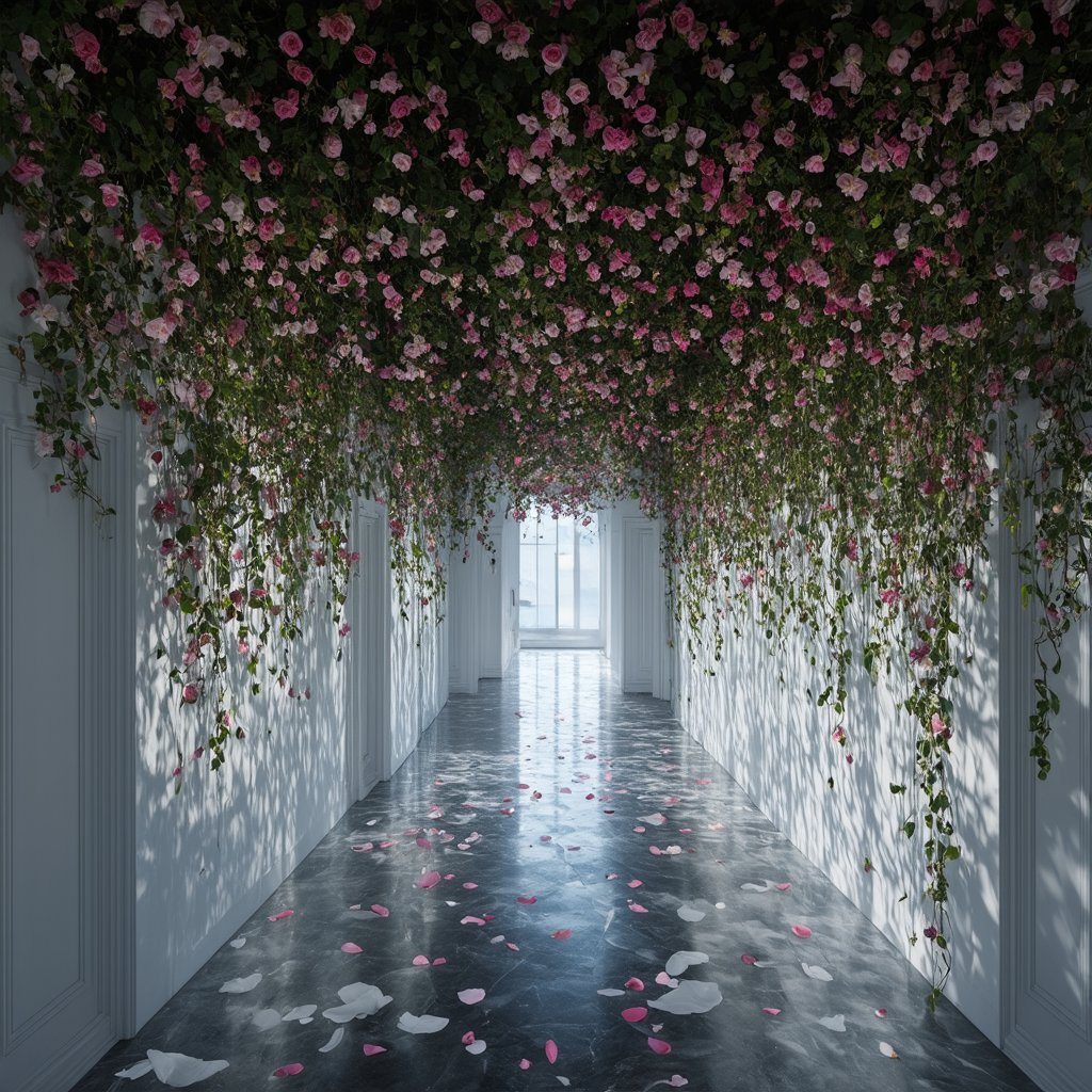 "Ethereal liminal space adorned with abundant flowers. Endless white corridor with soft,  diffused lighting. Walls and cei...