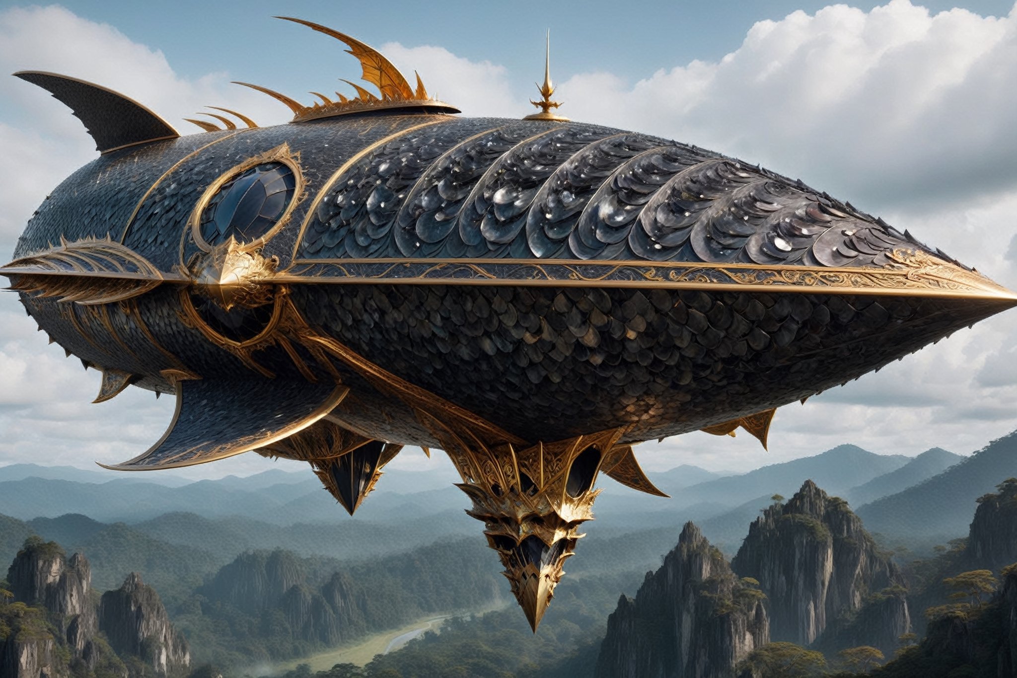 armored airship, soars through the skies, its metallic hull adorned with intricate scales resembling those of a mythical drago,,mimicking the fearsome appendages of the legendary creature. Dragon-inspired motifs are intricately woven into the airship's design, with fiery breath patterns etched onto the hull,creating a harmonious fusion of fantasy and steampunk aesthetics.,Obsidian_Gold,H effect,dragon armor