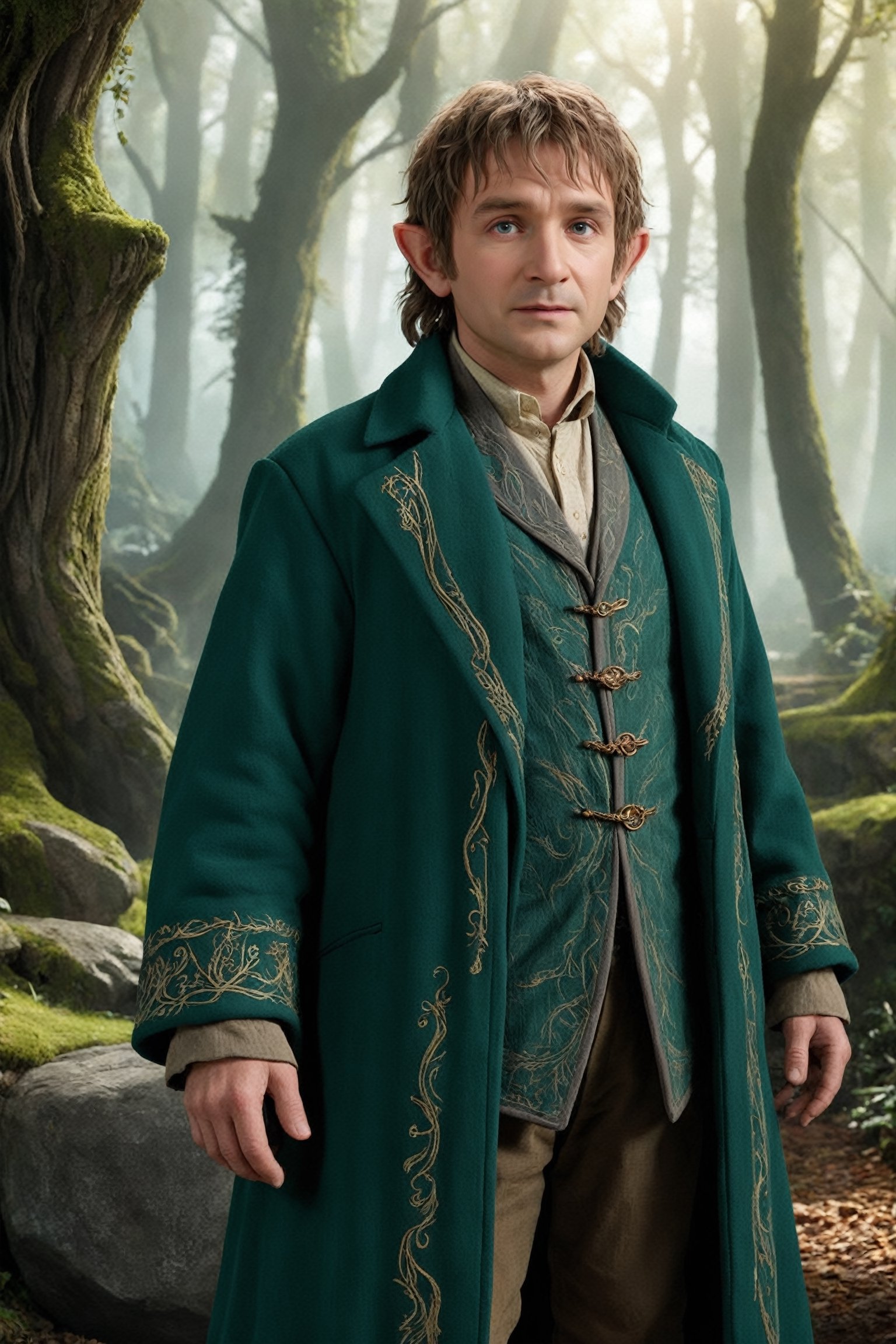 Bilbo Baggins adorned in an elven coat,  showcasing the intricate design and elegance of Elvish craftsmanship. Envision Bi...