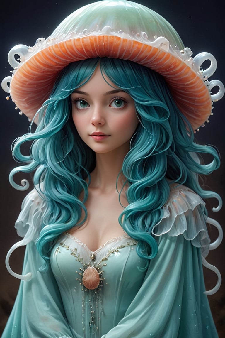 Wonderland,1girl,(Jellyfish hat),
Witch wearing a hat inspired by an jellyfish, hat with delicate ribbons hanging down like tentacles, iridescent beads sparkling green, flowing dressing gowns, deep blue and turquoise reminiscent of the deep sea, necklace decorated with shells and pearls,
,a1sw-InkyCapWitch,Jellyfish 