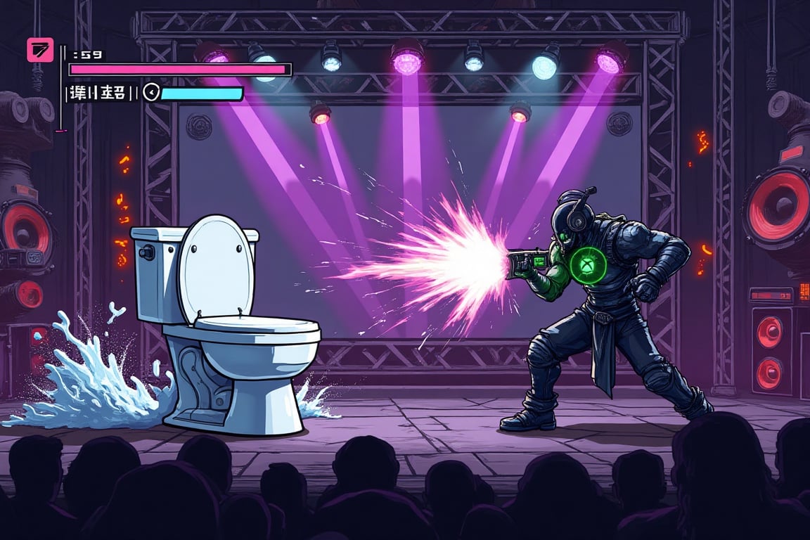 A pixel art fighting game screen, 16:9 ratio. Left side: a high-tech Japanese toilet seat (white porcelain, electronic control panel visible) floating in battle stance, shooting water jets. Right side: Xbox controller (black with signature Xbox green accents, glowing Xbox button) unleashing energy attacks. Simple fighting game HUD: health bars top screen, timer showing "99". Battle scene: toilet seat performing water blast special move, Xbox controller counter-attacking with green digital energy waves. Background is heavy metal concert stage: metal scaffolding, huge speakers, laser light shows in purple and red, pyrotechnic flame effects. Simple battle effects: water spray particles, digital pixel waves, basic impact flashes. Stage lighting: dramatic spotlights, strobe effects, neon accents. Crowd silhouettes headbanging in foreground. Metal band equipment visible: drum set, guitar amps, mike stands. Pixel art style like Guilty Gear, bold and energetic visuals. Visual effects: water splashes, controller button flashes, basic lighting highlights on porcelain and controller surface. Heavy metal aesthetic with industrial metal elements and gothic accents in background.,fighting game UI PC VERSION "VS" fight