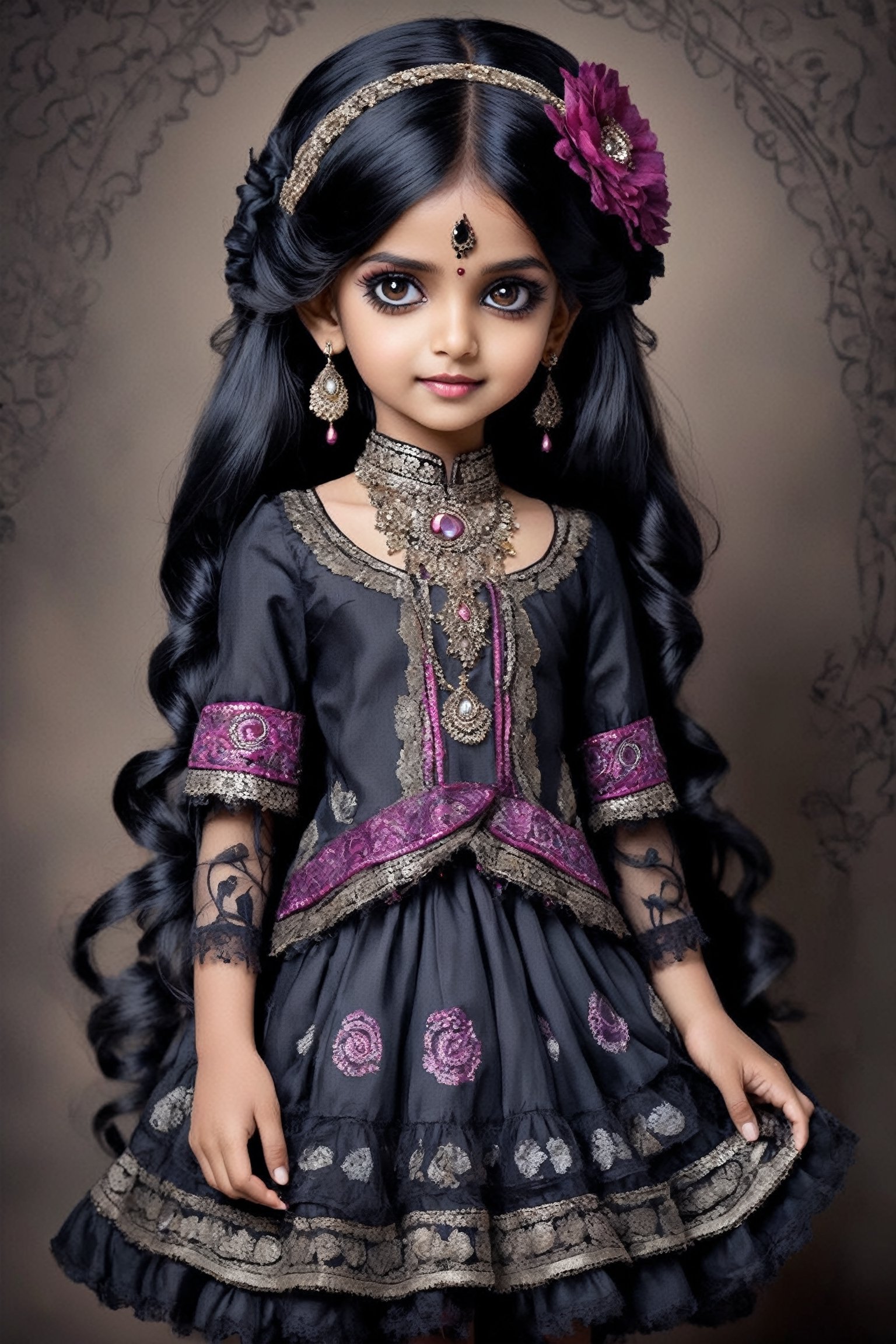 1 Little girl,  Gothic Lolita-inspired Indian ethnic attire,  combines the elegance of Victorian fashion with the vibrancy...