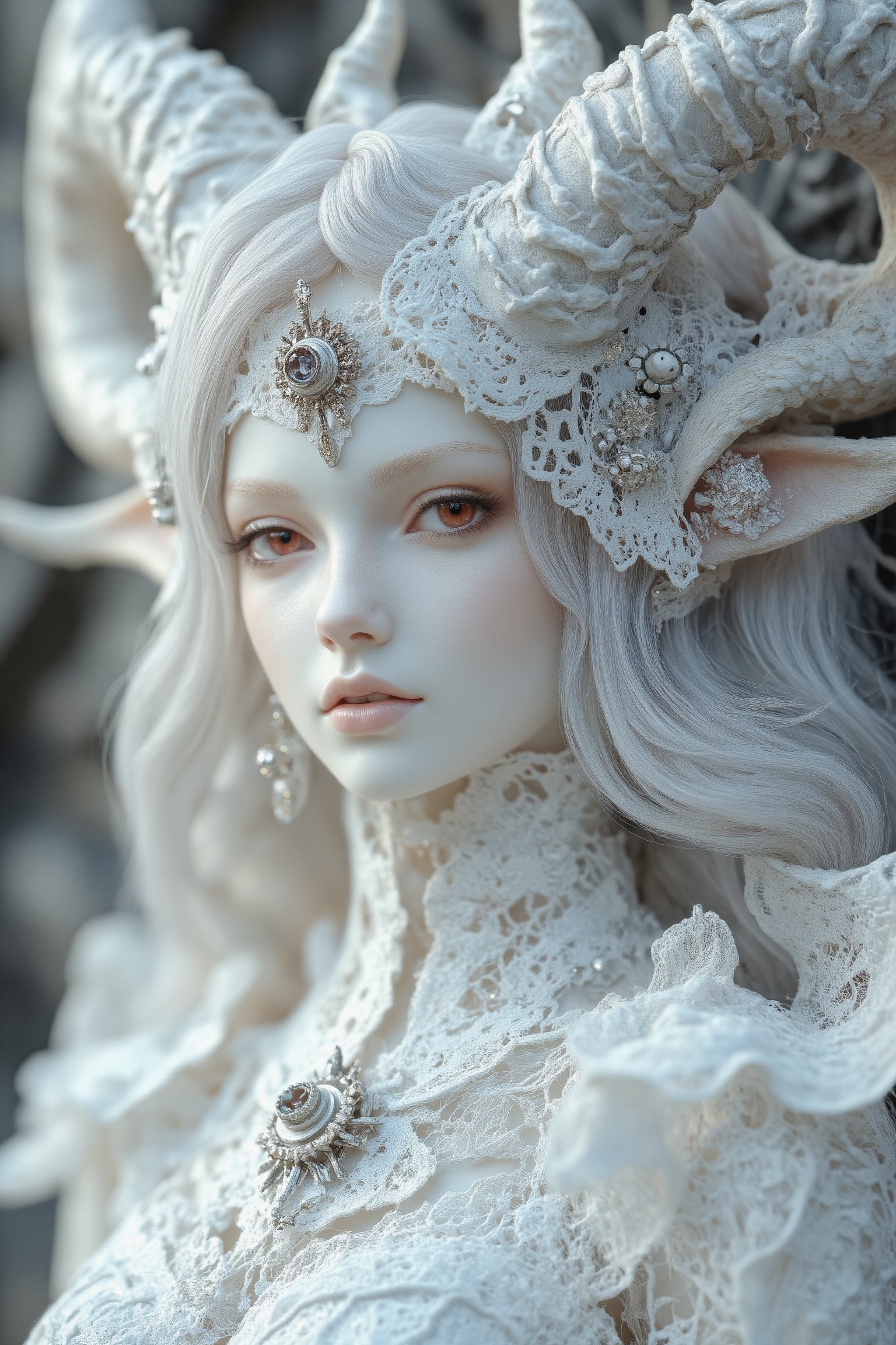 (long intricate horns:1.2) ,albino demon girl with enchantingly beautiful, alabaster skin, A benevolent smile,girl has Beautiful red eyes,soft expression,Depth and Dimension in the Pupils, white eyelashes, Her porcelain-like white skin reflects an almost celestial glow, highlighting her ethereal nature,Every detail of her divine lace costume is meticulously crafted, adorned with jewels that sparkle with a divine radiance, Capture the subtle intricacies of the lacework, emphasizing the delicate patterns that complement her unearthly features. From the curve of her horns to the flowing elegance of her dress, every aspect contributes to an aura of supernatural allure. The jewels, carefully placed, create a mesmerizing dance of light that enhances her divine presence, Consider the composition to portray her in a setting that complements her celestial beauty, whether it's a moonlit garden or a mystical realm, Illuminate the scene with soft, enchanting light to accentuate the magical and mysterious atmosphere,The overall goal is to evoke a sense of wonder and captivation, celebrating the unique and transcendent beauty of this albino demon gir,watercolor \(medium\),PorcelainDollPrincess