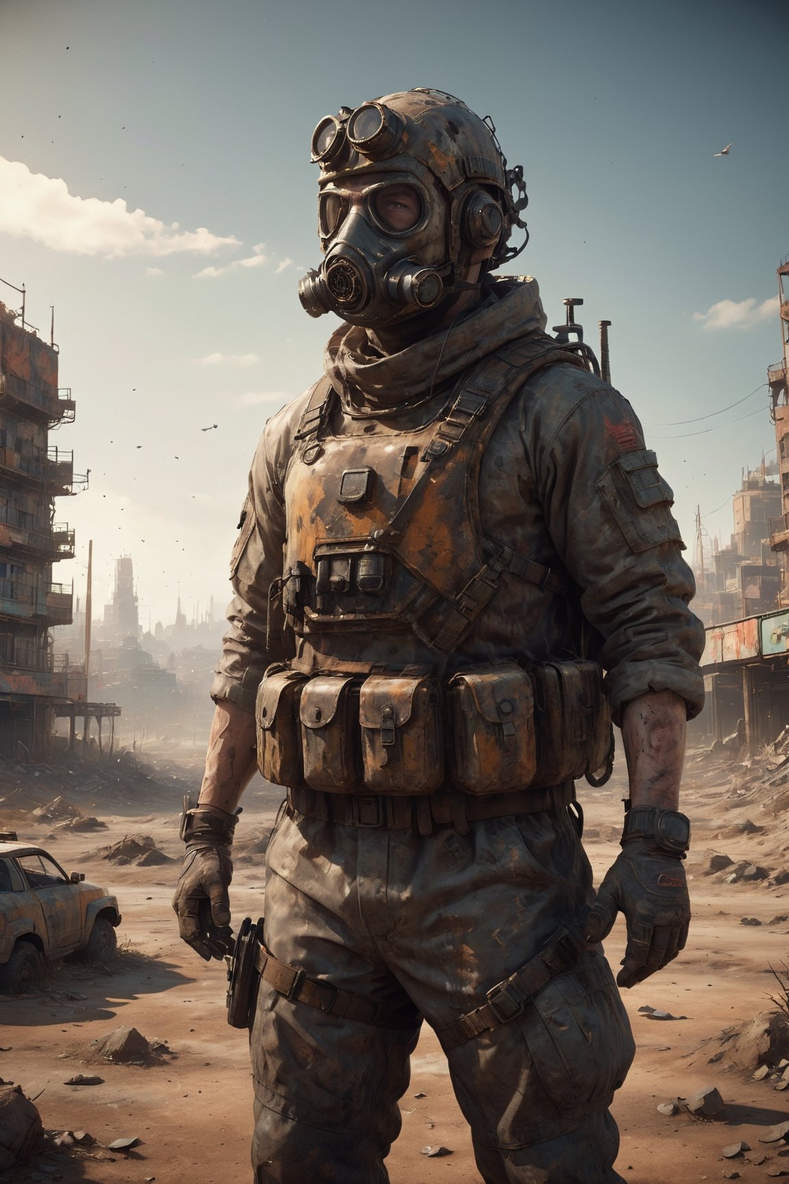 Imagine a post-apocalyptic world where a middle-aged man, clad in military gear and wearing a gas mask, stands solemnly amidst the desolation of a ruined city. The landscape is bleak, with dilapidated buildings, crumbling infrastructure, and a sky tainted by remnants of catastrophe.

The man's attire, equipped with protective layers and a gas mask, reflects the harsh reality of the environment. The subdued color palette emphasizes the somber mood, with muted tones contributing to the overall sense of desolation.

This composition captures the essence of a post-apocalyptic scene, portraying resilience and solitude in the face of a world forever altered by disaster.,Comic Book-Style,stalker,dual pistols