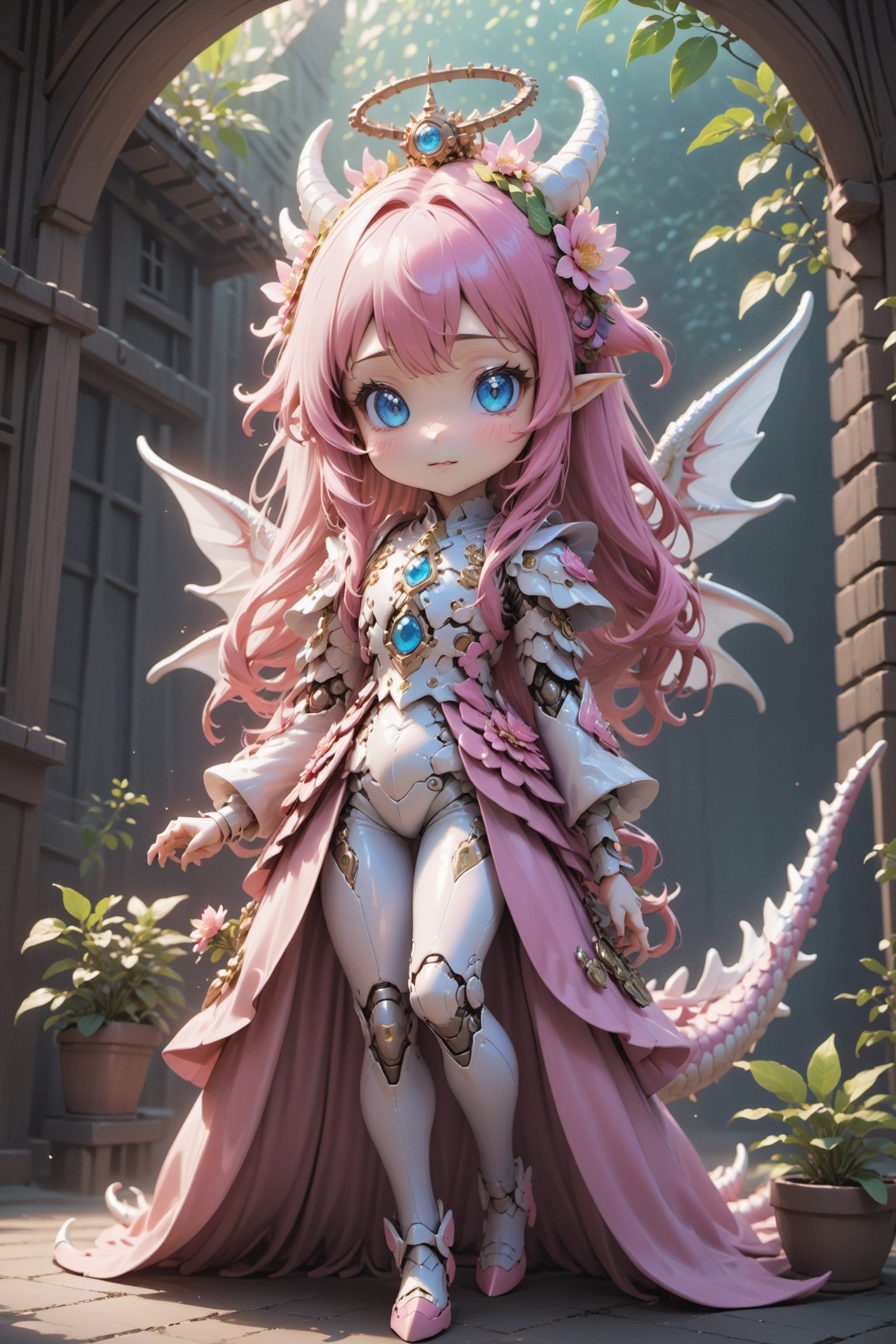 ultra Realistic,Extreme detailed,
kawaii beautiful Dragon fairy girl, futuristic cyborg cute mechanical dragon hone,
pink long hair,cute Blue Eyes,
In a quaint workshop, adorned with enchanting flora, a skilled fairy tailor meticulously crafts fantastical garments,ani_booster,outline,DonMDr4g0nXL