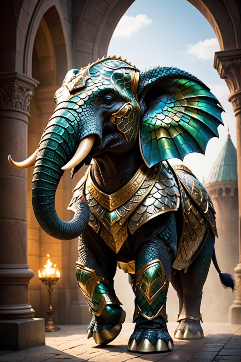  fantasy-themed spectacle unfolds as a colossal war elephant dons a majestic suit of dragon scale armor. The imposing creature strides confidently with each step, its massive form enhanced by the gleaming and protective dragon scales.The dragon scale armor adorning the war elephant is a marvel of craftsmanship, intricately designed to fit the contours of the colossal beast. The scales, with their iridescent shimmer, provide both formidable defense and a breathtaking visual spectacle. The intricate patterns on the scales add an artistic touch, turning the armored war elephant into a living canvas of mythical elegance.,dragon armor,Animal Verse Ultrarealistic 