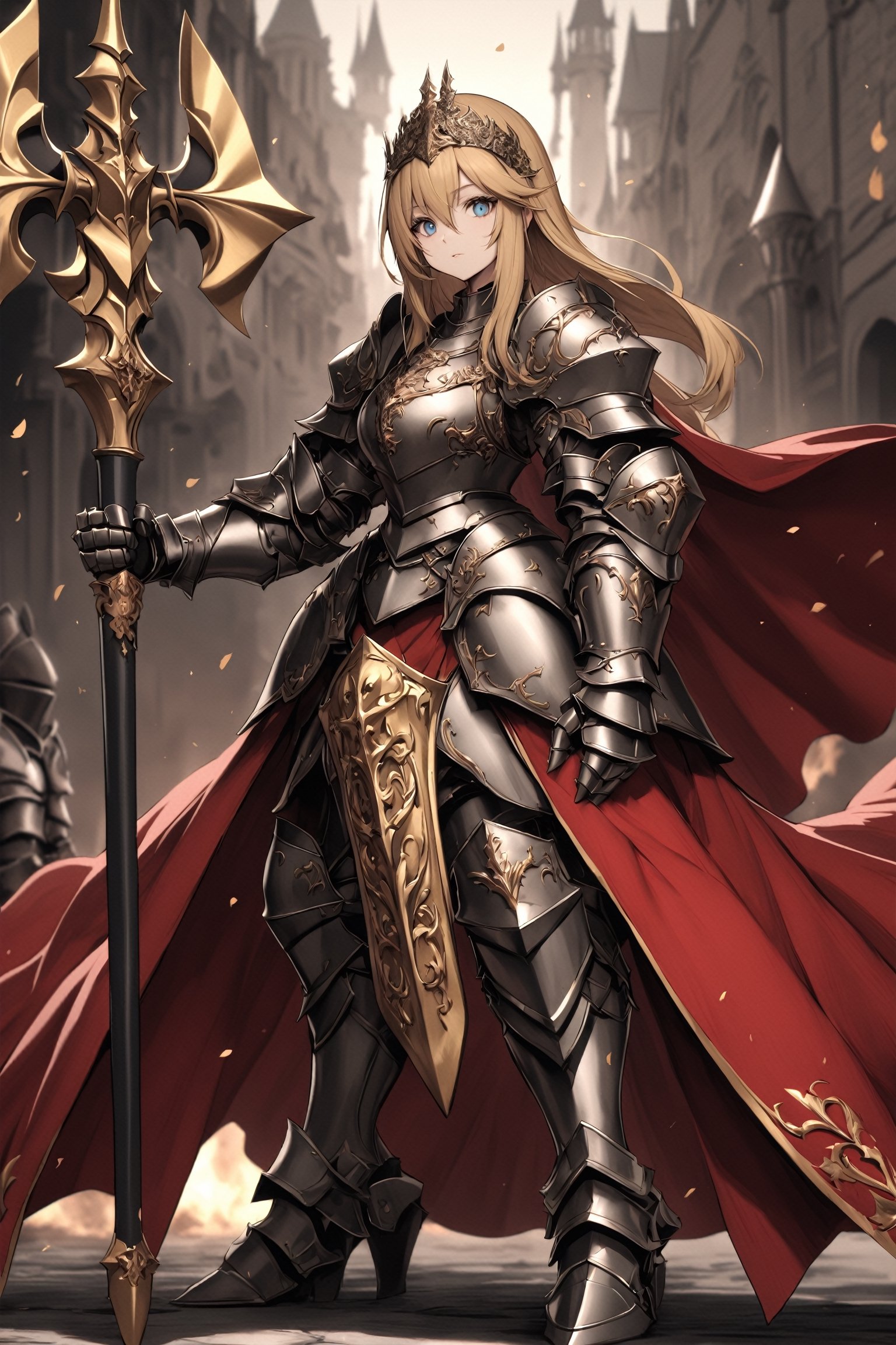 solo,royal knight, princess knight,Golden hair, beautiful blue eyes, gauntlets, red cape,Heavy full-body armor that overwhelms the viewer, the armor is carved with very elaborate gold,Huge battle axe by the side,zavy-lndskncht