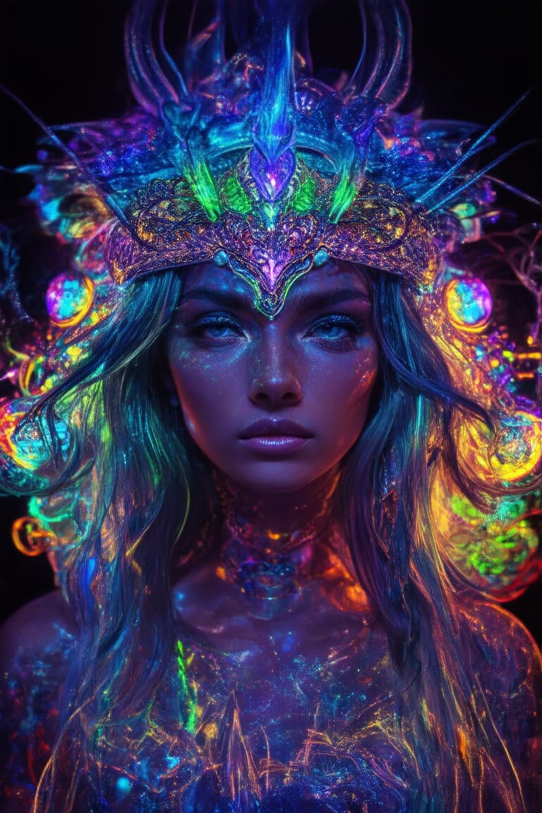 Hologram shaman girl,Nordic Girl, hologram,psychedelic overload covered in intricate neon bioluminescent filigree, black backdrop background, dynamic portrait, hyperrealism, highly detailed RAW color art, bokehrainbow hologram, , futuristic, transparent body,neon tube,rainbow colors,aesthetic,neon photography style,ohwx woman