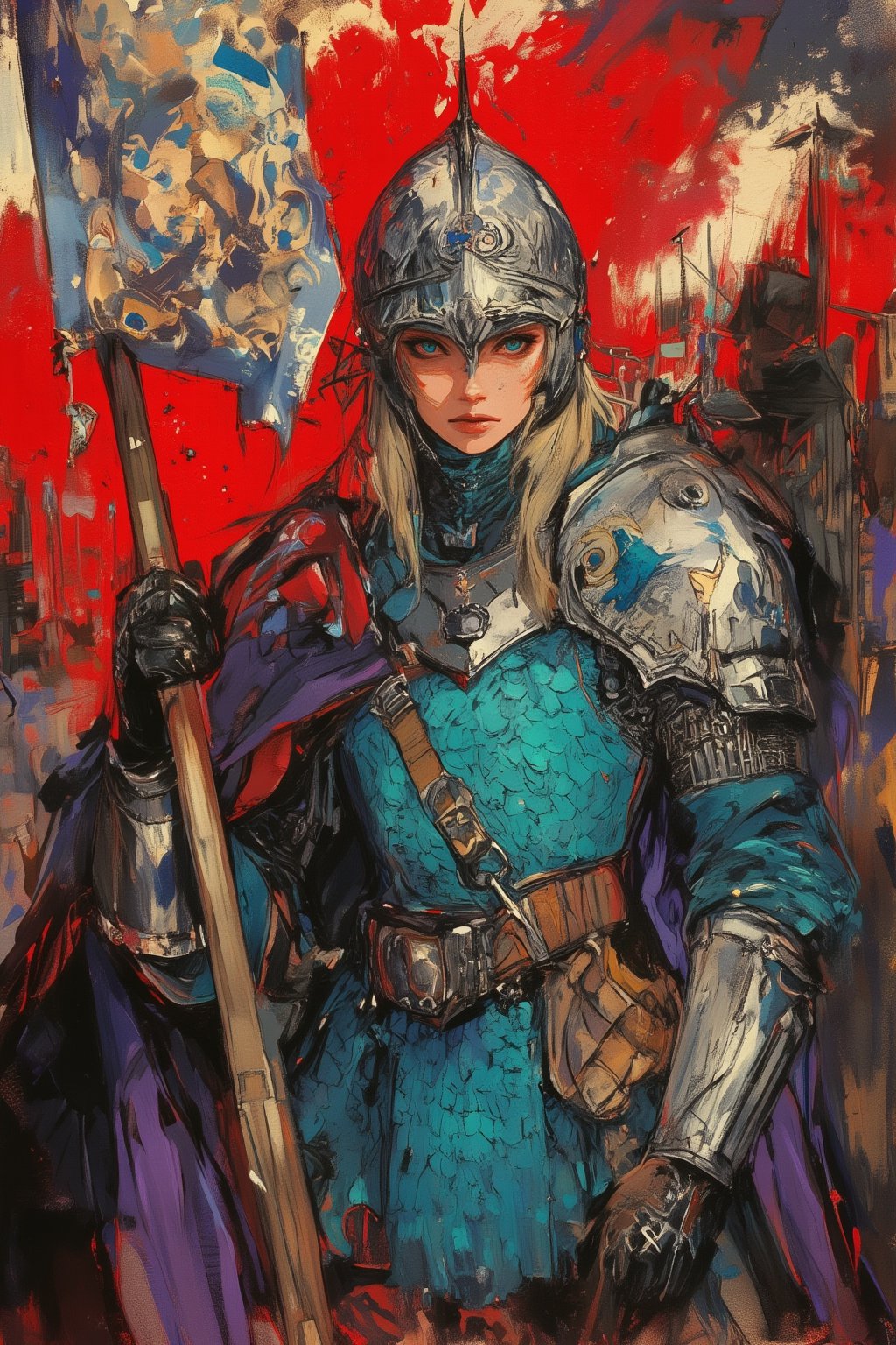 Dramatic anime-style watercolor painting of a female general in battle, Middle-aged woman, piercing, stern gaze, blonde warrior in turquoise scaled armor, silver ornate helmet with spiral patterns and blue jewels, determined expression, fiercely wide blue eyes, holding a banner embroidered with an abstract design of dragons, purple cloak billowing dramatically. Background: Fiery reds and crimsons suggesting fierce battle, creating an ominous atmosphere. Color palette: cool blues and teals for character, warm reds and golds for background. Lighting: dramatic, highlighting the contrast between character and chaotic surroundings. watercolor-style, medieval x, fantasy girl, lyh_niji