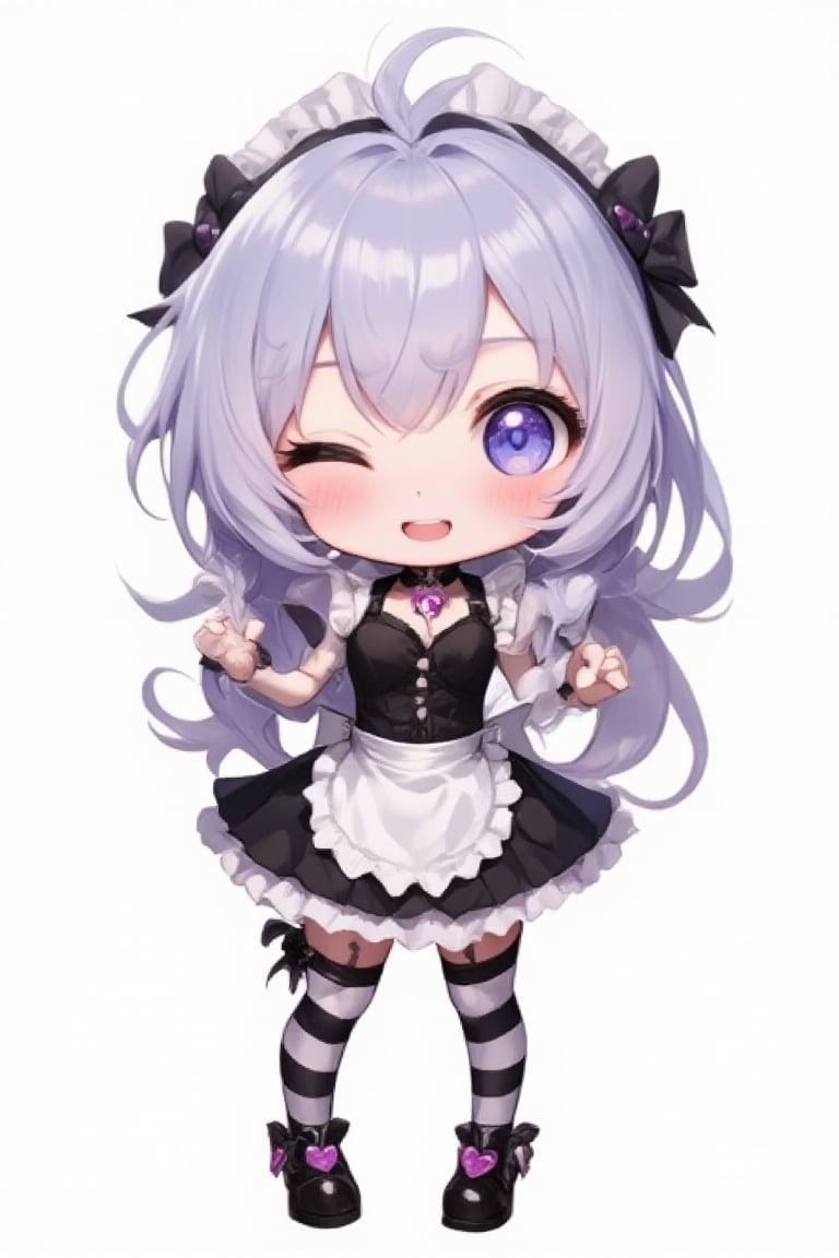 Chibi-style anime girl character. Large head, small body proportions. Long silver-purple hair with bangs, black ribbons. One eye open, one closed, exaggerated blush. Gothic Lolita maid outfit: black and white dress with frills, purple bow. Black choker with heart pendant. Thigh-high striped socks, chunky black shoes with heart buckles. Cute, playful expression with open mouth. Cartoon style with bold outlines, flat colors, and simple shading. White background. Kawaii aesthetic with gothic elements.