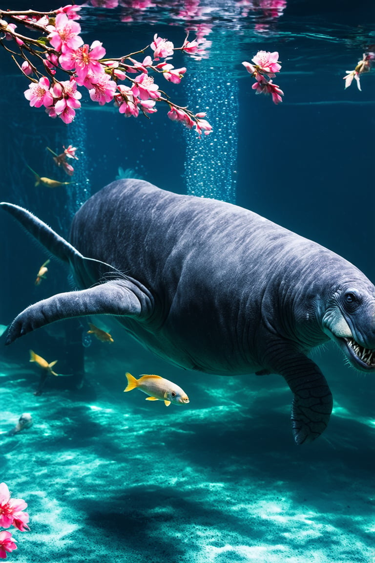 A large manatee floats gracefully in a spacious aquarium tank. Its grey skin is adorned with intricate Japanese-style tattoos. On its back, a fierce oni (Japanese demon) mask is inked in bold red and black, with golden accents highlighting its horns and teeth. Delicate pink cherry blosssom branches with drooping flowers stretch across the manatee's sides, creating a beautiful contrast to the oni. The tattoos appear to shimmer and move with the manatee's skin as it swims. Crystal-clear water surrounds the creature, with small bubbles rising. Soft blue lighting illuminates the tank, enhancing the tattoos' colors. Other fish dart around the manatee, some pausing to investigate the unusual sight. Aquarium 