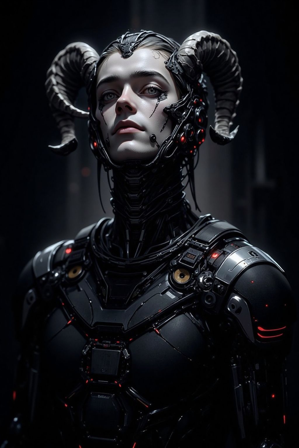 Bust-up portrait of Caucasian male cyborg,look at the viewer,
vampire,Predominantly black cybernetic body with visible mechanical parts, wires, and glowing tech elements. Pale, ashen face with vampiric features. Completely white eyes, no iris or pupils. Demonic goat-like horns protruding from forehead, curving backwards. Crown of barbed wire wrapped tightly around head, digging into skin. Long, sharp fangs visible. Neck area shows transition between synthetic skin and mechanical components. Harsh, dramatic lighting emphasizing contrast between pale face and dark body. Sinister, otherworldly expression. Hyperdetailed textures: cold metal, synthetic skin, rough horn surface. Background dark and atmospheric, suggesting gothic or sci-fi setting. Blend of vampire lore, cyberpunk aesthetics, and demonic imagery..,LinzExoboneRobot,FANGS