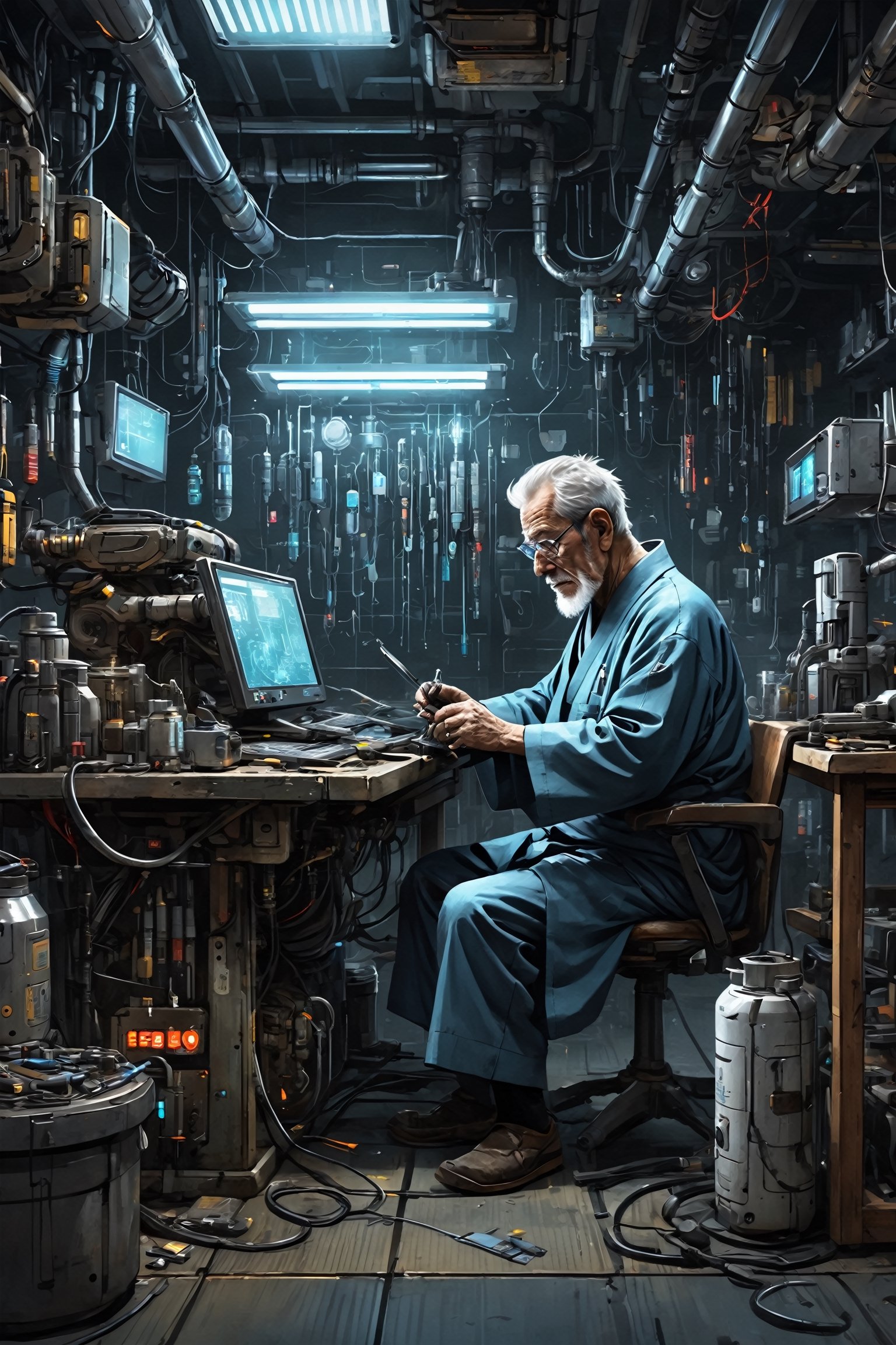 In a bustling cyberpunk world repair shop, an elderly gentleman in a slightly dirty kimono works diligently amidst the hum of machinery and the smell of oil and metal. Wires hang from the ceiling, connecting to various gadgets awaiting repair, while shelves are lined with futuristic gadgets and mechanical parts. The elderly man's faded kimono bears stains of grease from years of hard work as he tinkers with a damaged cybernetic arm at a cluttered workbench. Holographic blueprints and schematics float around him, guiding his repairs as he breathes new life into broken devices,Cyberpunk Doctor,No keyword