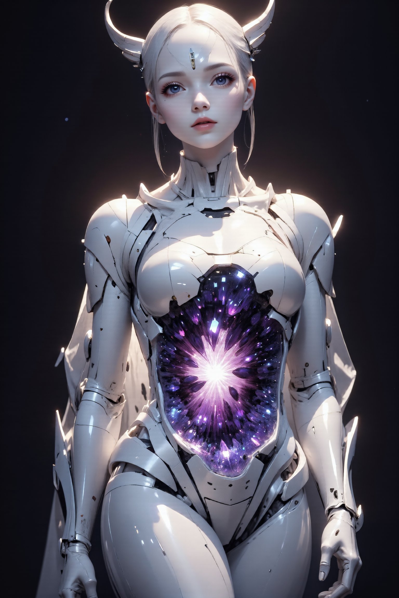 A A mesmerizing female cyborg sculpted from lustrous white porcelain, posed gracefully against a dark background. Her sleek body resembles fine bone china, with subtle joint lines hinting at her mechanical nature. The cyborg's face is a perfect mirror surface, mysterious and otherworldly, reflecting and distorting light.

The centerpiece is her abdomen: a large, natural amethyst geode carefully integrated into her porcelain form. This geode cavity showcases a breathtaking display of deep purple amethyst crystals. The crystals range from dark, intense purple at the center to lighter, more translucent shades near the edges. The crystalline structure creates a mesmerizing depth effect, with countless facets catching and refracting light,SFW

Delicate, circuit-like patterns etched into her white porcelain limbs occasionally illuminate with a soft purple glow, echoing the amethyst's color. Her hands and feet feature visible ball joints, merging artificial design with natural crystal aesthetics.

Dramatic lighting emphasizes the porcelain's sheen and the captivating sparkle of the amethyst crystals within the geode.

Photorealistic render, high detail, dramatic lighting, blend of futuristic and natural elements..,Fantasy Regal Artgem,PorcelainDollPrincess,1girl,#fractal,Crystal,\mechako\