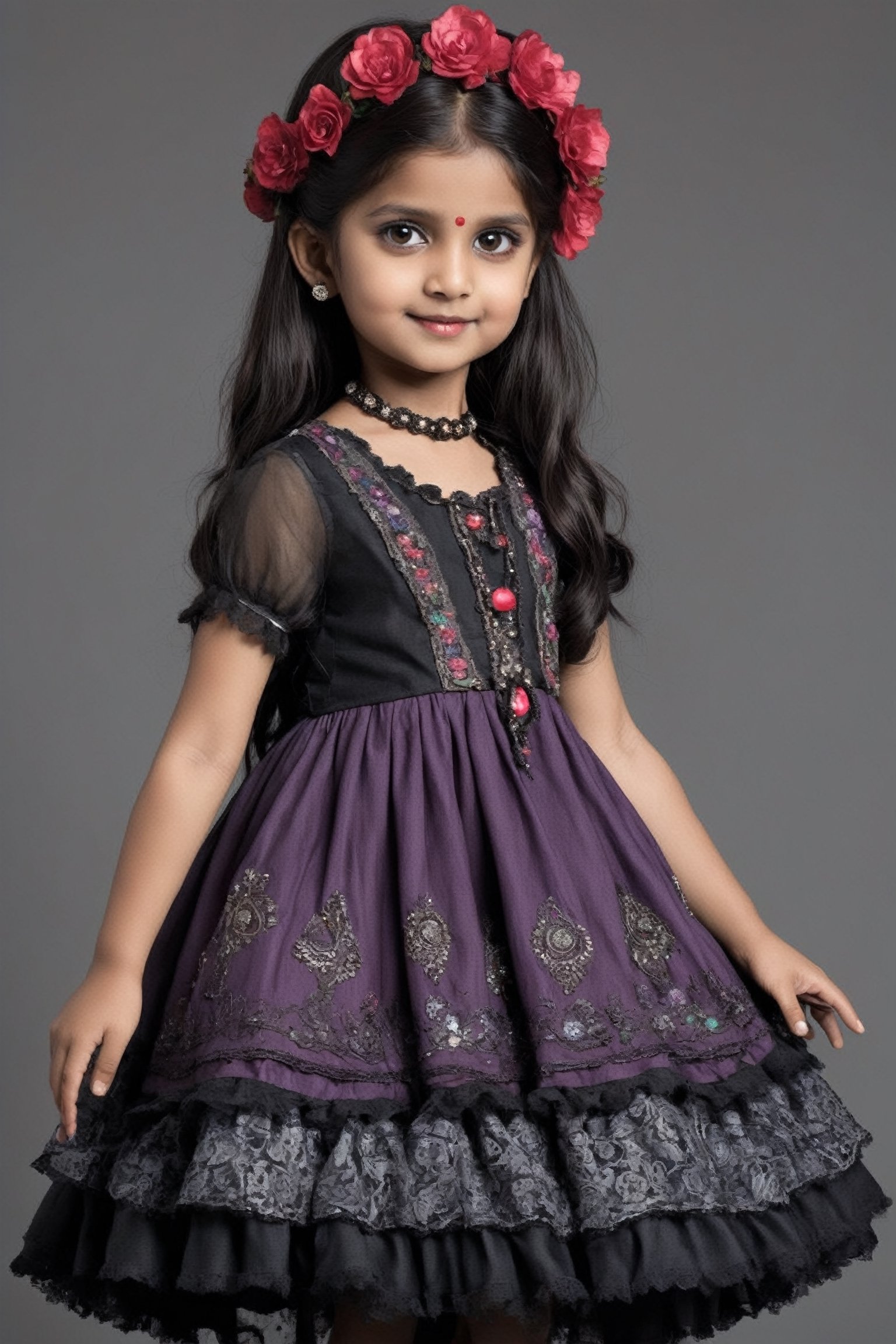 1 Little girl,  Gothic Lolita-inspired Indian ethnic attire,  combines the elegance of Victorian fashion with the vibrancy...
