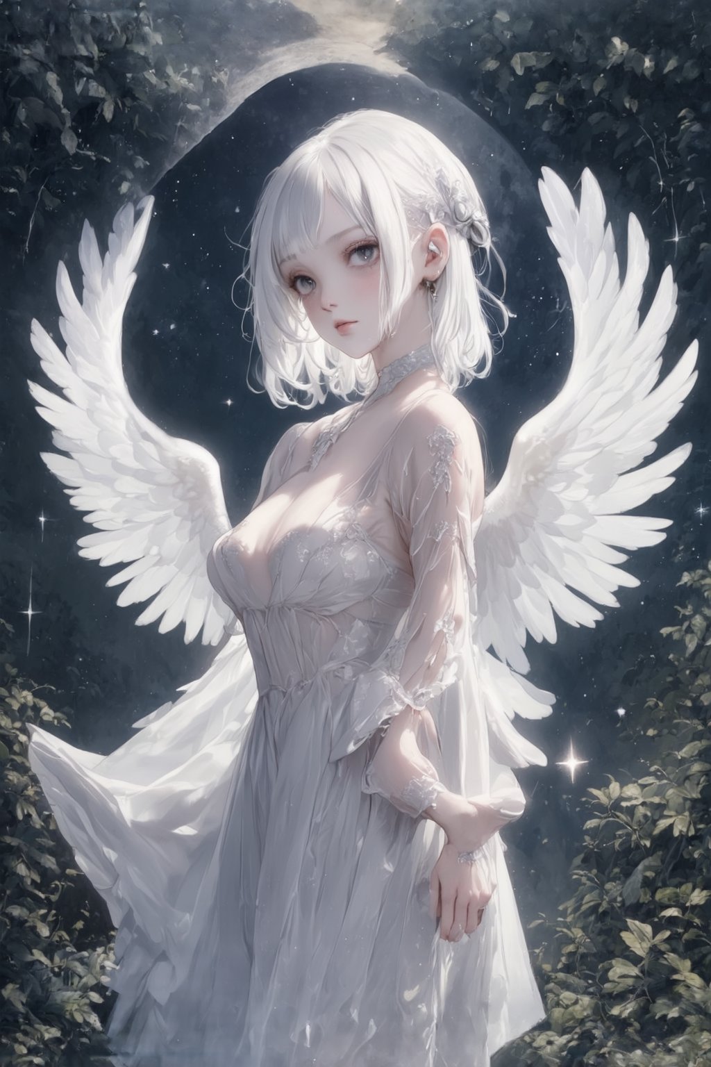 Fairy tale illustrations, otherworldly mythology, perfect sky, moon, shooting stars,
Pagan style graffiti art, general, forest background, one girl, albino demon girl, detailed facial features,sexy sideless dress,Masterpiece, Top Quality, Very Aesthetic, Super Detailed, Sideless Dress, Sidedress, Watercolor, 2bEimi,angelic