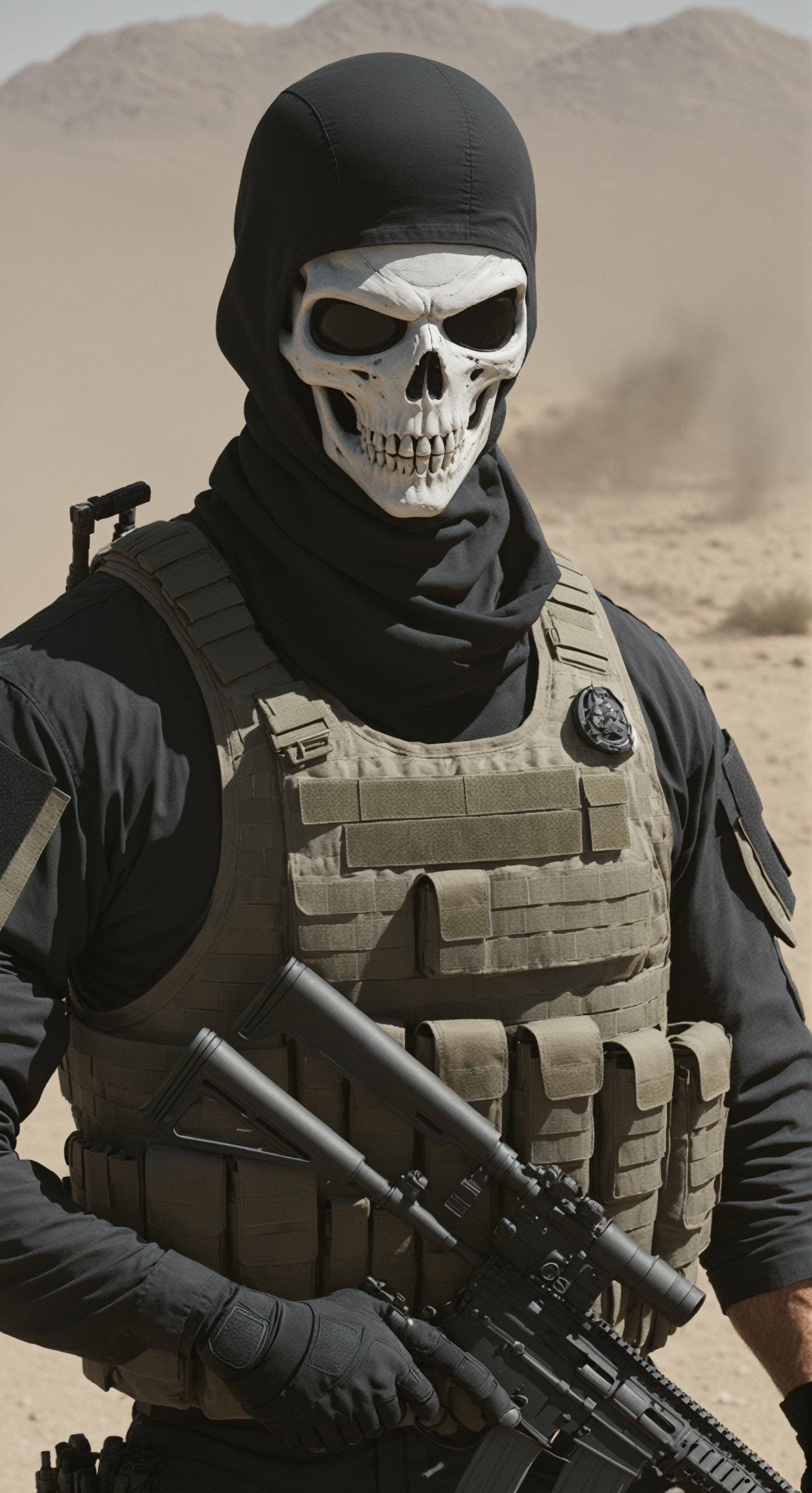 character 'Ghost' from Call of Duty: Modern Warfare,((dirty clothes)),
wears a black tactical balaclava with a distinct white skull pattern,Wearing hed night vision scope,
projecting a menacing and stealthy demeanor,His eyes exude a cold, emotionless gaze,The upper body is clad in a robust black tactical vest, featuring armored sleeves with numerous pouches and pockets strategically placed. He sports black tactical gloves with intricate details for precision in tactical maneuvers. The lower body is covered by sturdy tactical boots, conveying a grounded and ready-for-action appearance. Overall, Ghost's ensemble radiates a calm yet ruthless military aesthetic.
Additionally, provide contextual scenarios or settings that capture the essence of Ghost's character, such as covert operations or intense combat situations.", skull_graphics,photo r3al,Movie Still