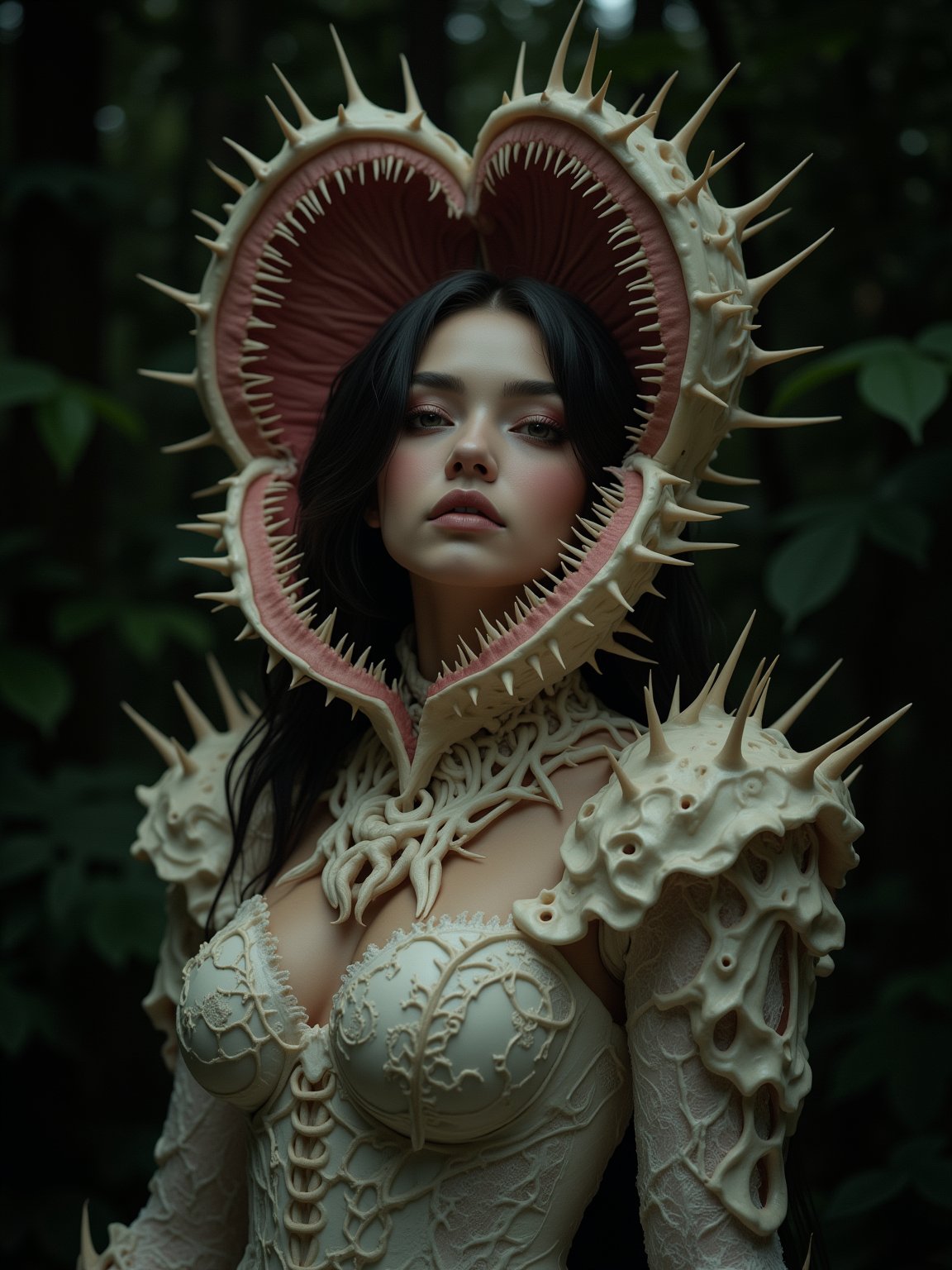 Ethereal portrait of a dark-haired woman wearing a biomechanical haute couture dress inspired by a Venus flytrap. Dress features intricate ivory and pink organic structures with sharp thorny spines along edges. Dramatic high-neck collar shaped like carnivorous plant mouth with detailed venation patterns and serrated edges, framing face in deep rose pink interior. Victorian-style bodice with bony root-like textures, intricate lace patterns resembling fungal growth and plant tendrils. Multiple curved stems with threatening spikes emerge from shoulders. Dark atmospheric forest background with selective focus. Makeup style: pale porcelain skin, dark lips, dramatic eye makeup. Photography style: moody editorial fashion, dark fantasy aesthetic, professional studio lighting emphasizing texture and shadow detail. Color palette: pale ivory, dusty pink, deep forest green. 8k resolution, high-end fashion photography.,1girl