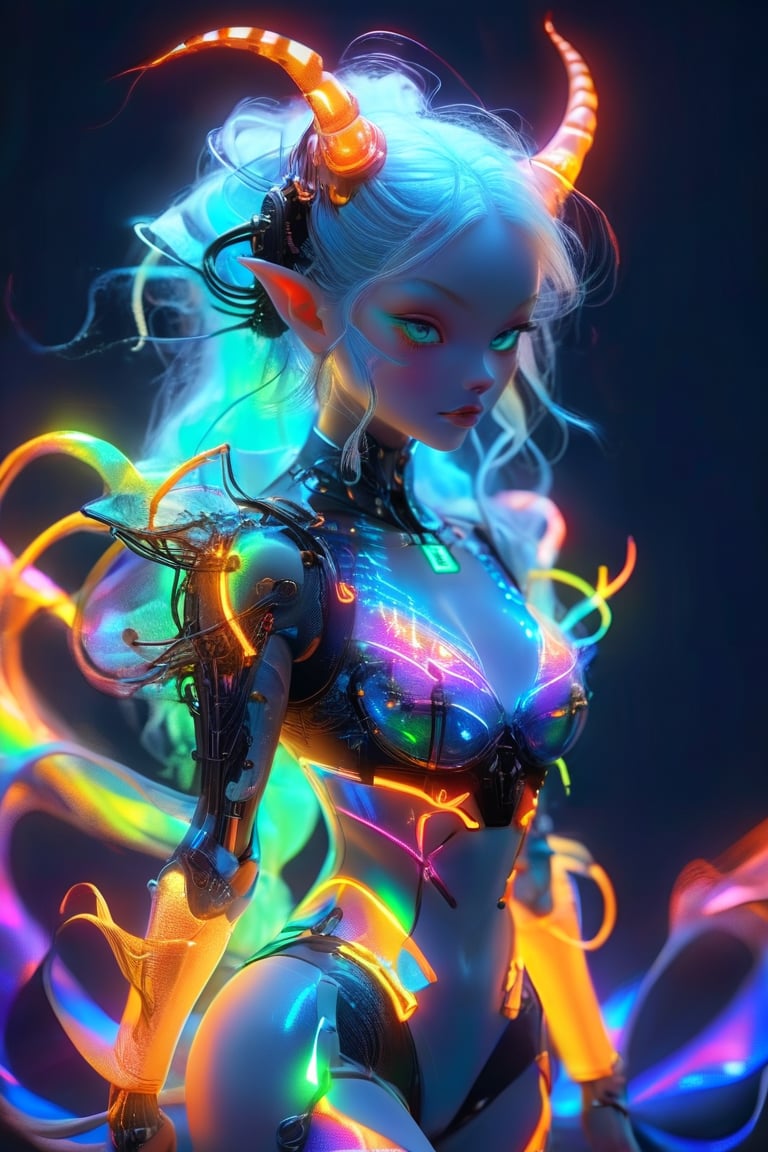 Extreme detailed,ultra Quality,1girl,
Hologram body girl,hybrid albino demon little queen, (long intricate horns),,Wearing hologram doctor suit,outline only,glowing wireframe, rainbow hologram,random color,transparent body, void body, only outline neon tube,rainbow colors, CyberPunk style,aesthetic grid, silhouette ,neon style,3D Mesh,neon,LegendDarkFantasy,alien,Strong Backlit Particles,outline,APEX colourful ,ichika,