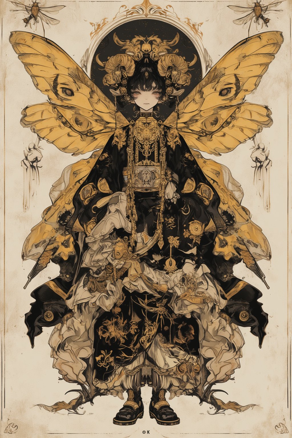 Decadent illustration, beautiful androgynous male, moth motif, 8k resolution, detailed anime style. Gold, black, and white color scheme. Elaborate layered kimono with moth wing patterns, flowing fabrics. Curly black hair with golden ram horns. Pale skin, sharp features, mysterious expression. Large moth wings attached to back, intricate eye-spot designs. Ornate golden accessories, tassels, and embroidery. Baroque-inspired clothing details. Slender figure in elegant pose. Moth antenna headdress. Black and gold boots. Vintage entomology-style moth illustration in background. Soft, diffused lighting. Textured paper effect. Art nouveau and Japanese aesthetics blend. Hyper-detailed fabric patterns and insect anatomy.,dal,FantaVin Anime Art 