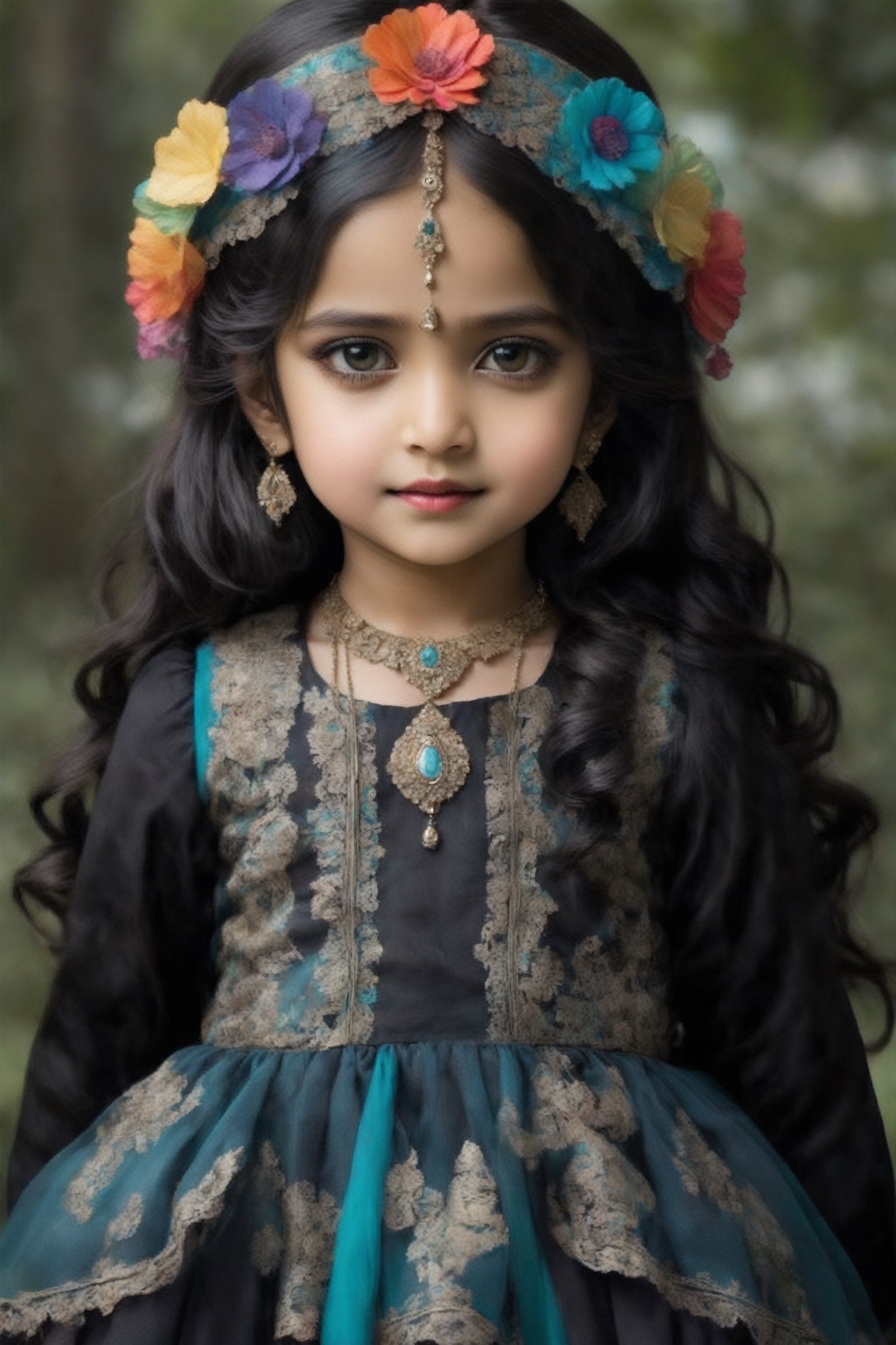 1 Little girl,  Gothic Lolita-inspired Indian ethnic attire,  combines the elegance of Victorian fashion with the vibrancy...